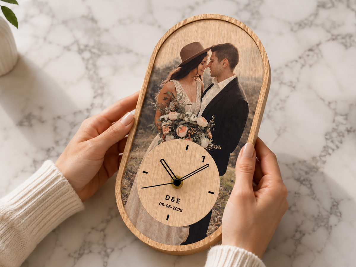 Personalized Oak Photo Wall Clock | 5th Anniversary Wood Gift
