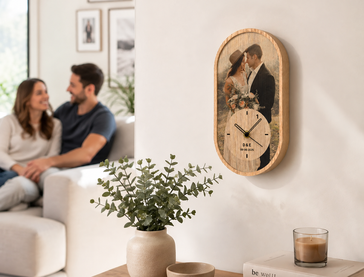 Personalized Oak Photo Wall Clock | 5th Anniversary Wood Gift