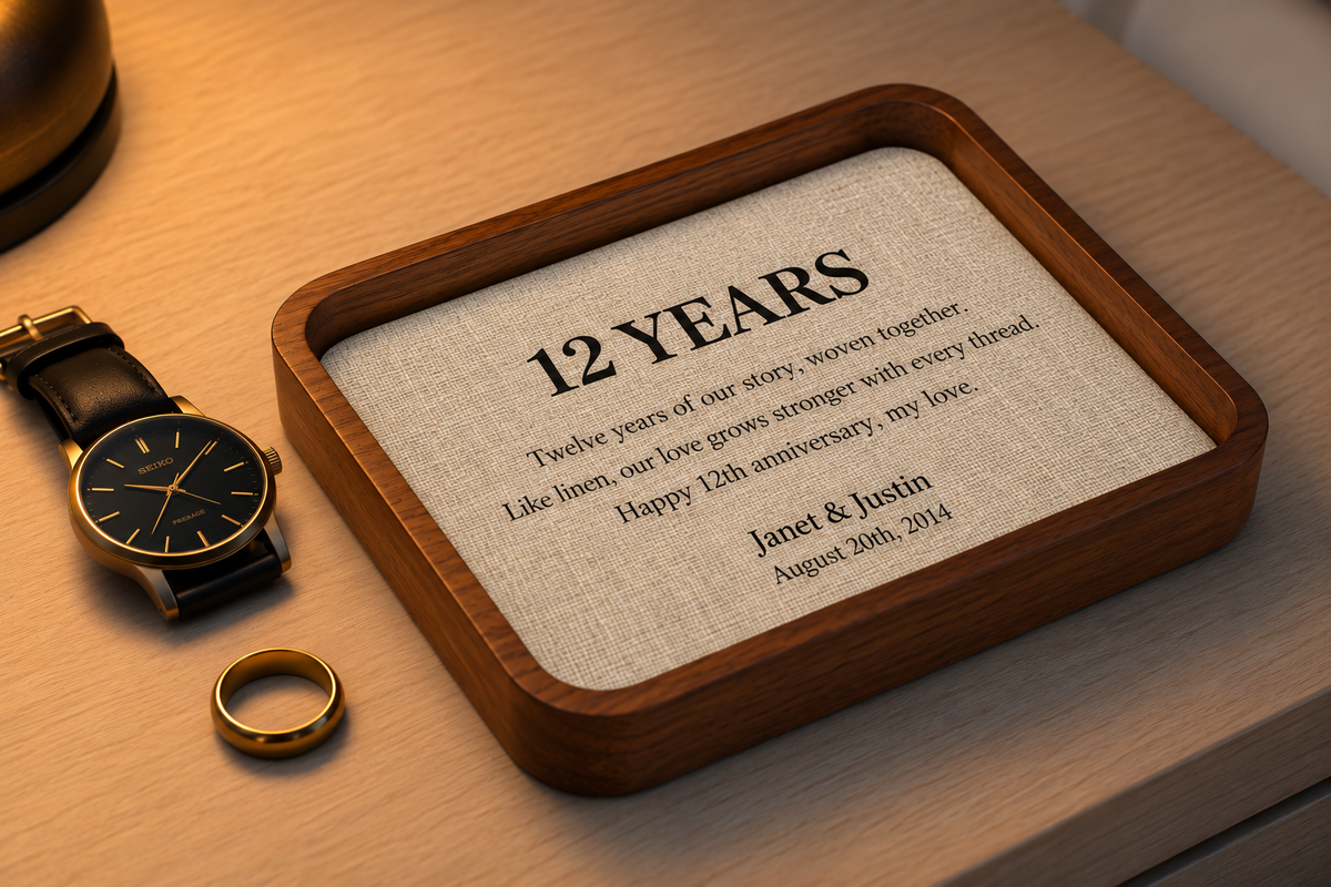 Carved Walnut Catch-All Tray with Linen Insert & Optional Wireless Charger | 12th Anniversary Gift