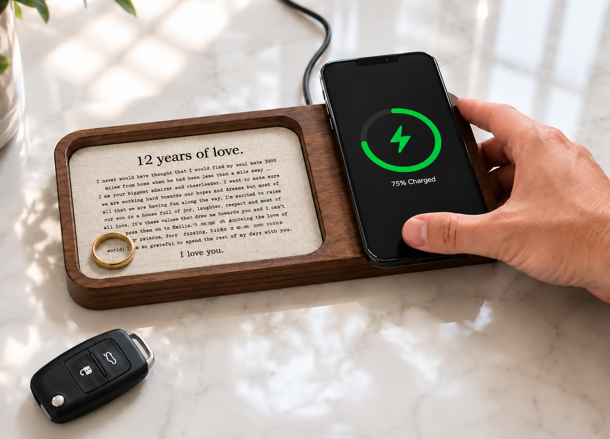 Carved Walnut Catch-All Tray with Linen Insert & Optional Wireless Charger | 12th Anniversary Gift