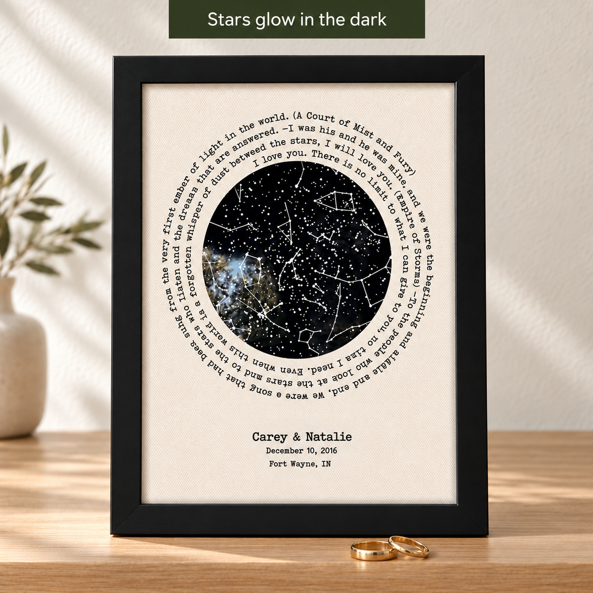 Personalized Cotton Star Map - 2nd Anniversary Gift for Him & Her - Glow in the Dark Wall Art