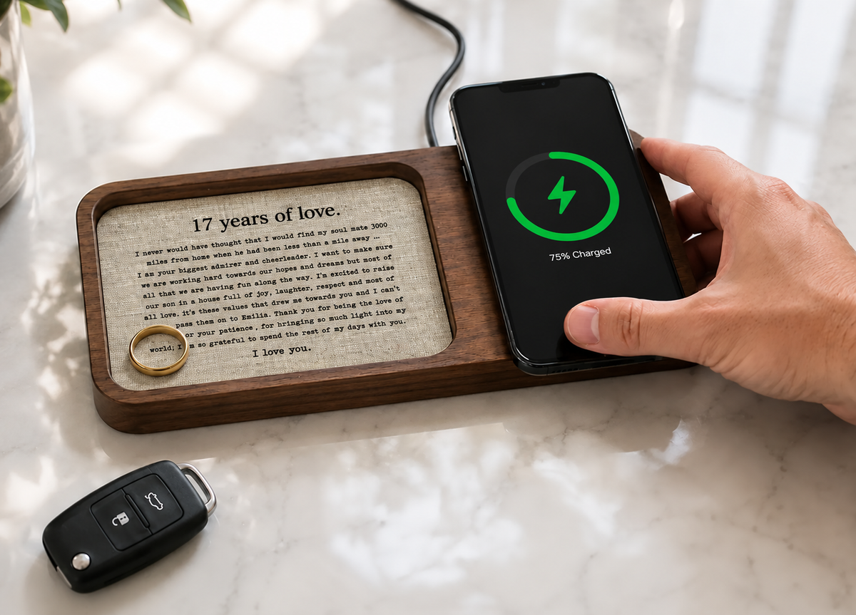 Handmade Walnut Catch-All Tray with Optional Wireless Charger | Personalized 17th Anniversary Gift