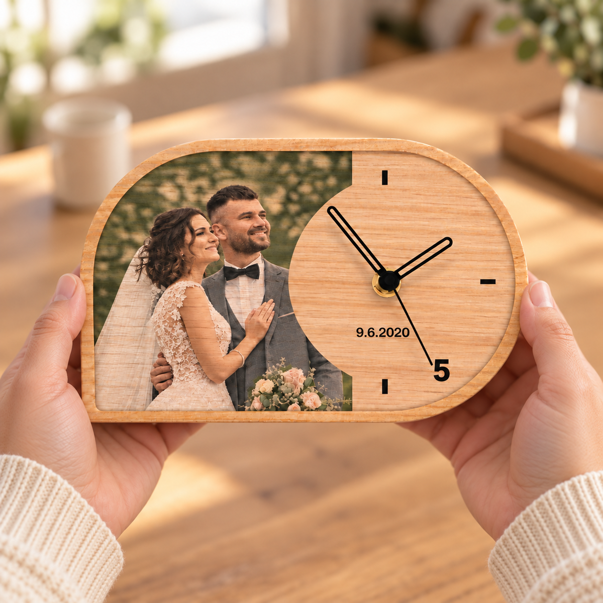 5th Year Wood Anniversary Gift - Personalized 5th Anniversary Natural Wood Desk Clock with Photo