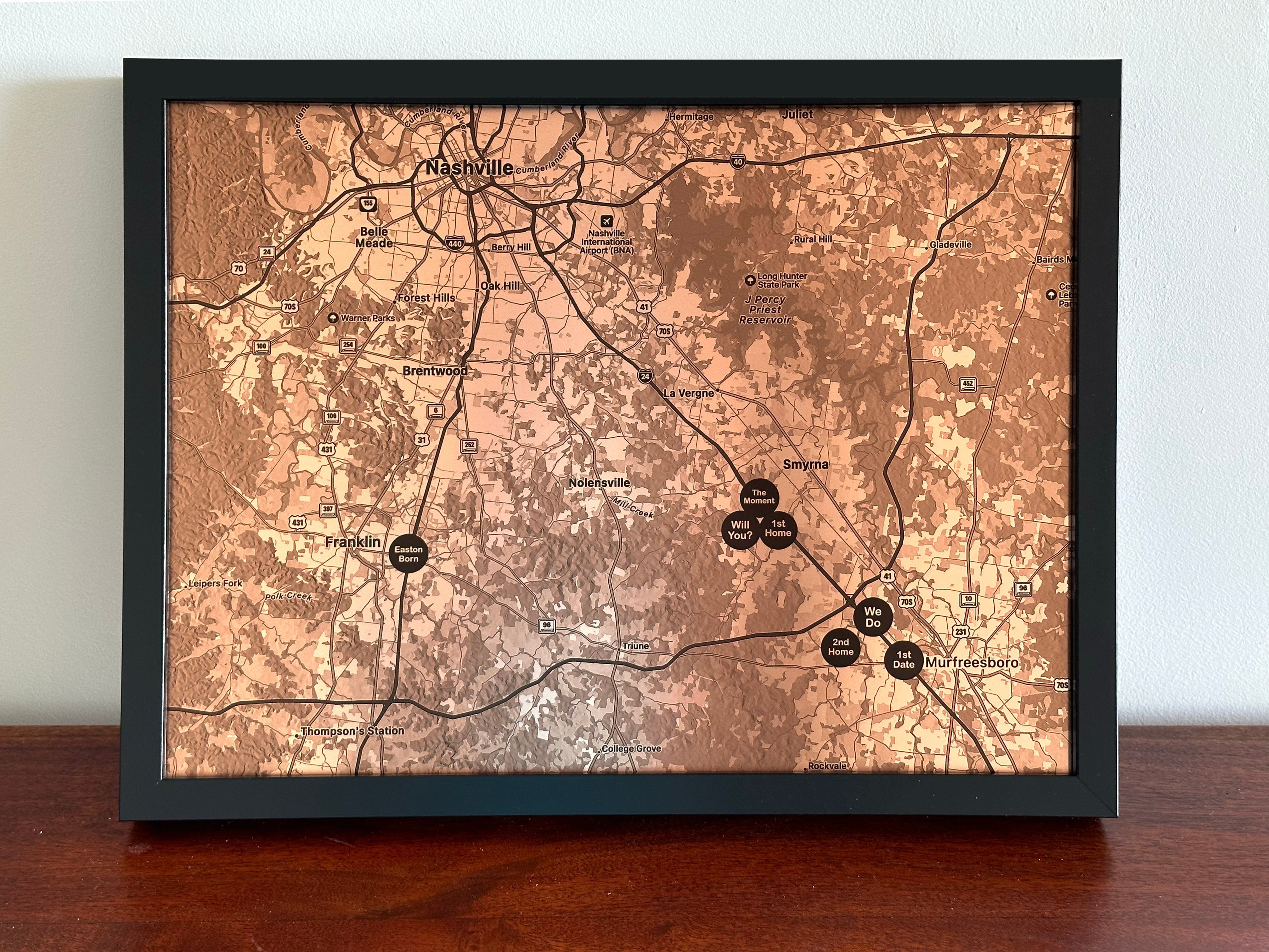 Copper Map with Custom Location Pins for 22nd anniversary