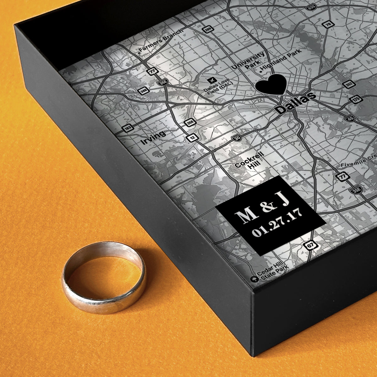 Steel catchall tray with custom map design for 11 anniversary