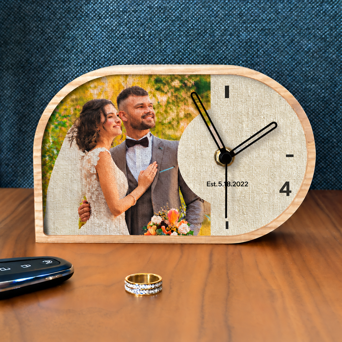 Handmade Personalized Linen Desk Clock - 4th Anniversary Gift for Him & Her