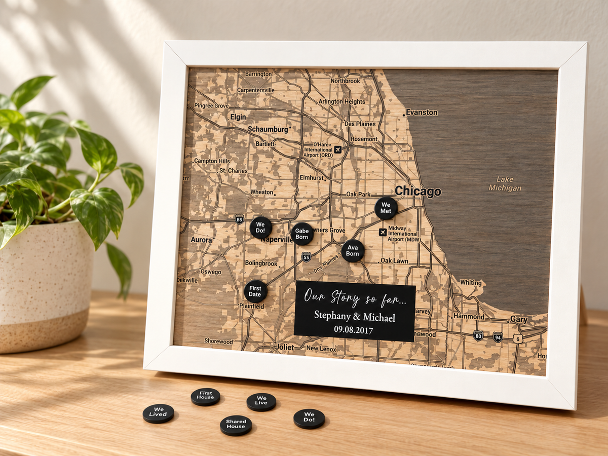 Wood Map Wall Art with Pins - 5th Anniversary Gift for Him - A Custom Family Story Memento