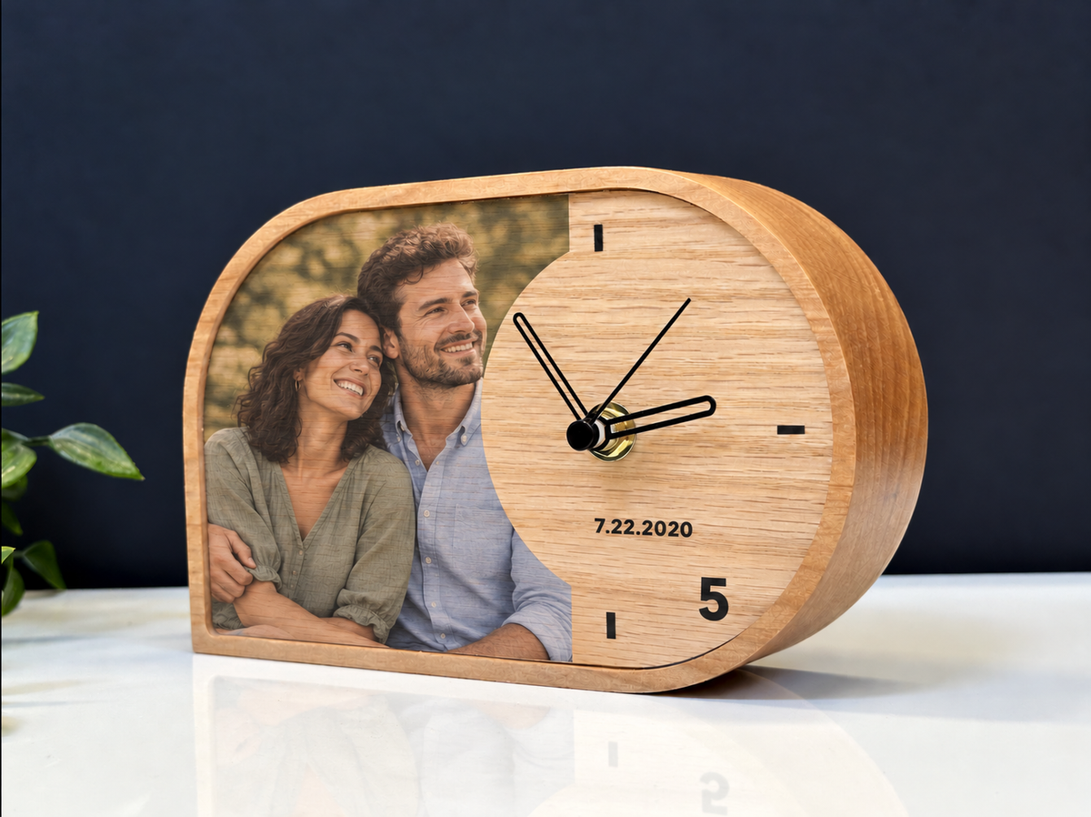 5th Year Wood Anniversary Gift - Personalized 5th Anniversary Natural Wood Desk Clock with Photo
