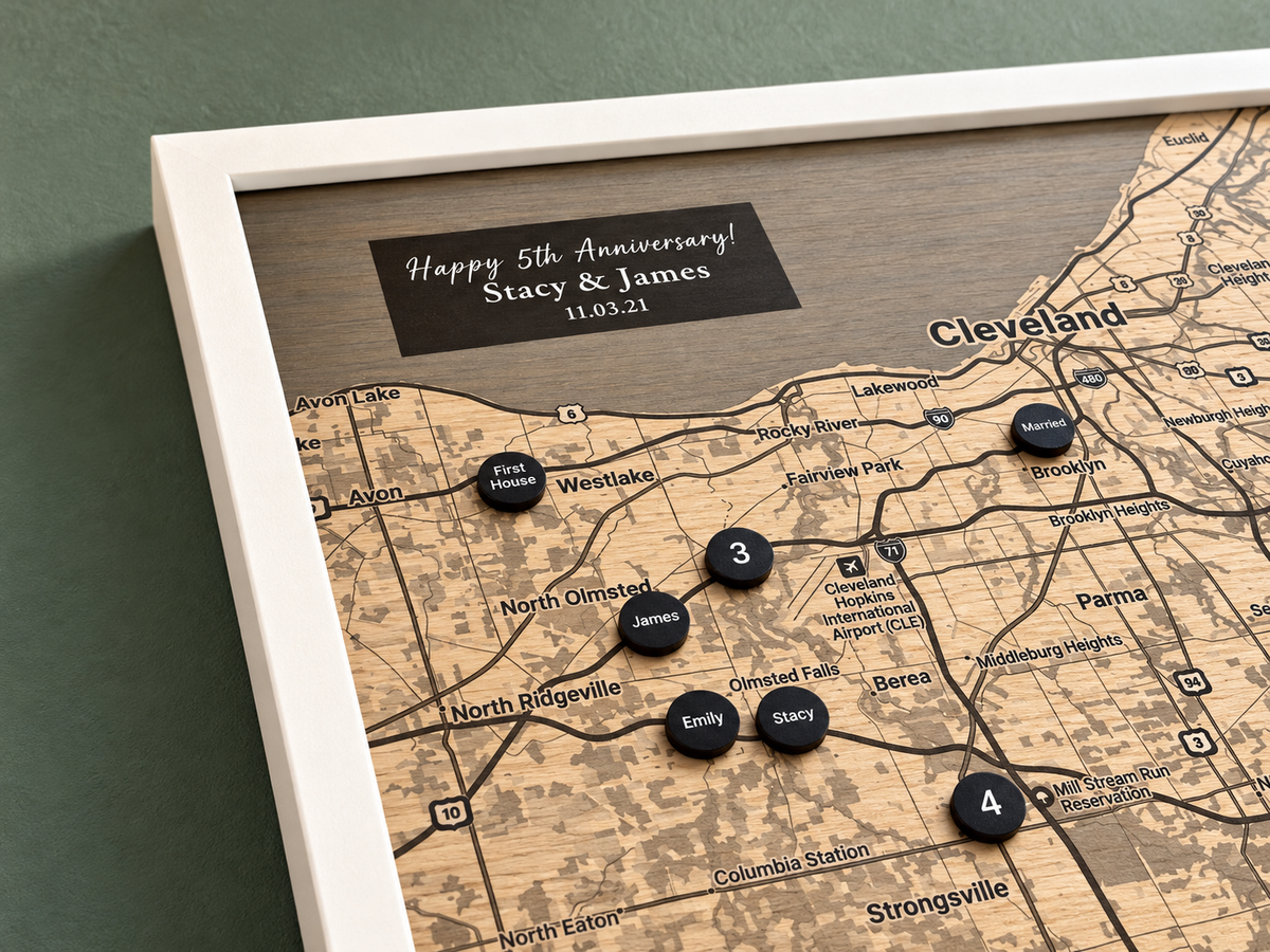 Wood Map Wall Art with Pins - 5th Anniversary Gift for Him - A Custom Family Story Memento