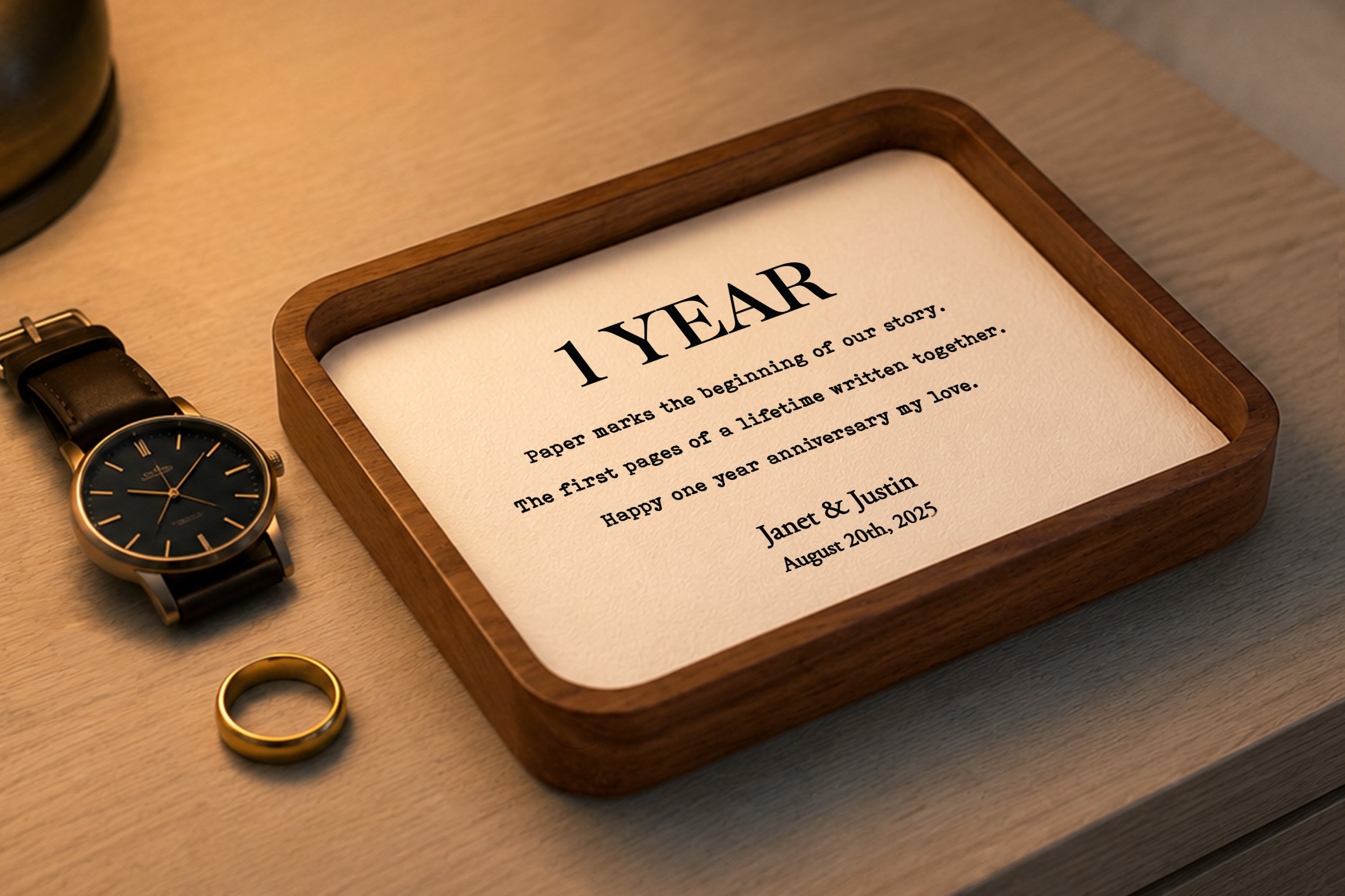 1 Year Anniversary Gifts for Men • Custom Catchall Tray for Paper Anniversary • Paper in Walnut Tray with Initials, Date, Vows, Song Lyrics (Copy)