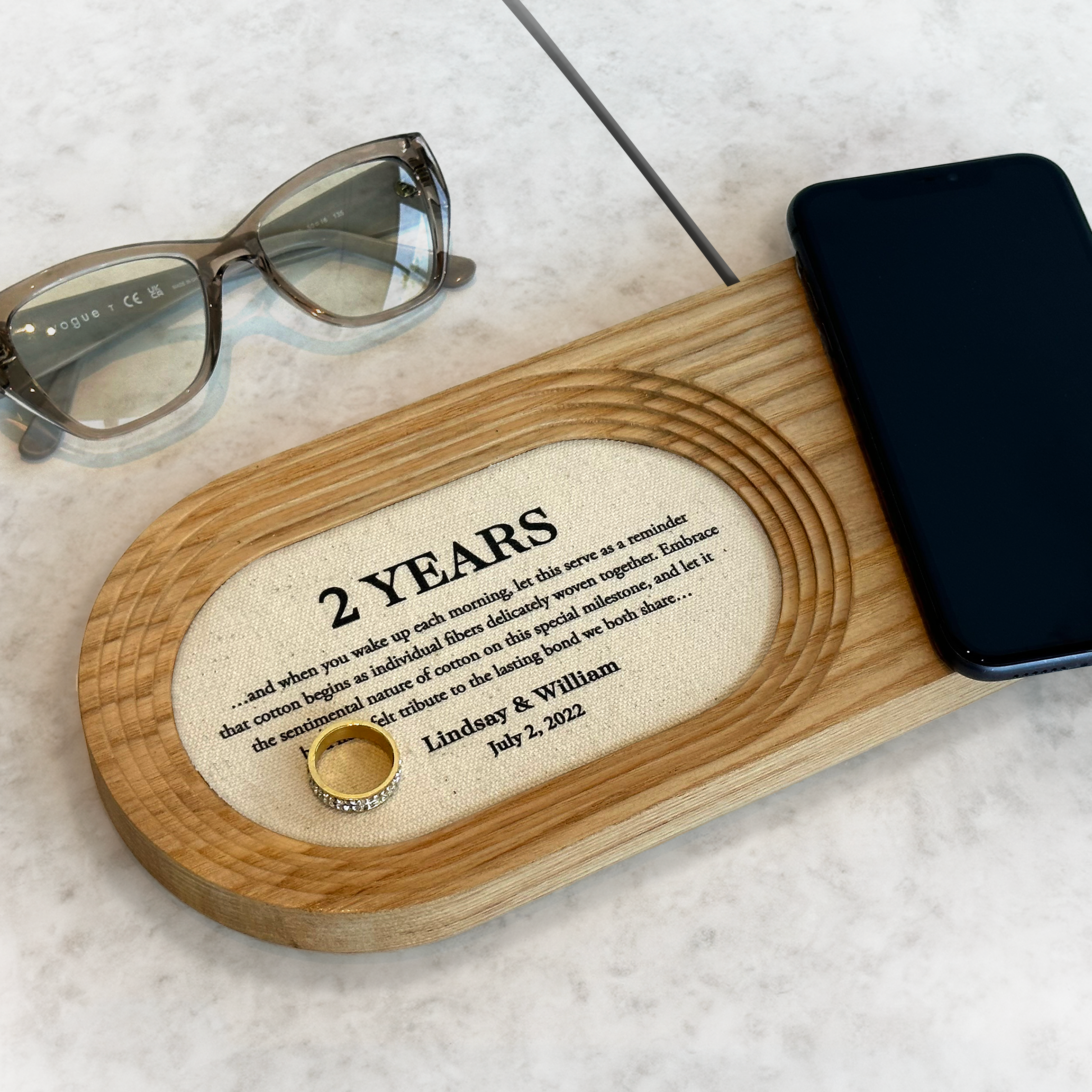 Walnut and cotton tray with wireless phone charging for 2nd Anniversary