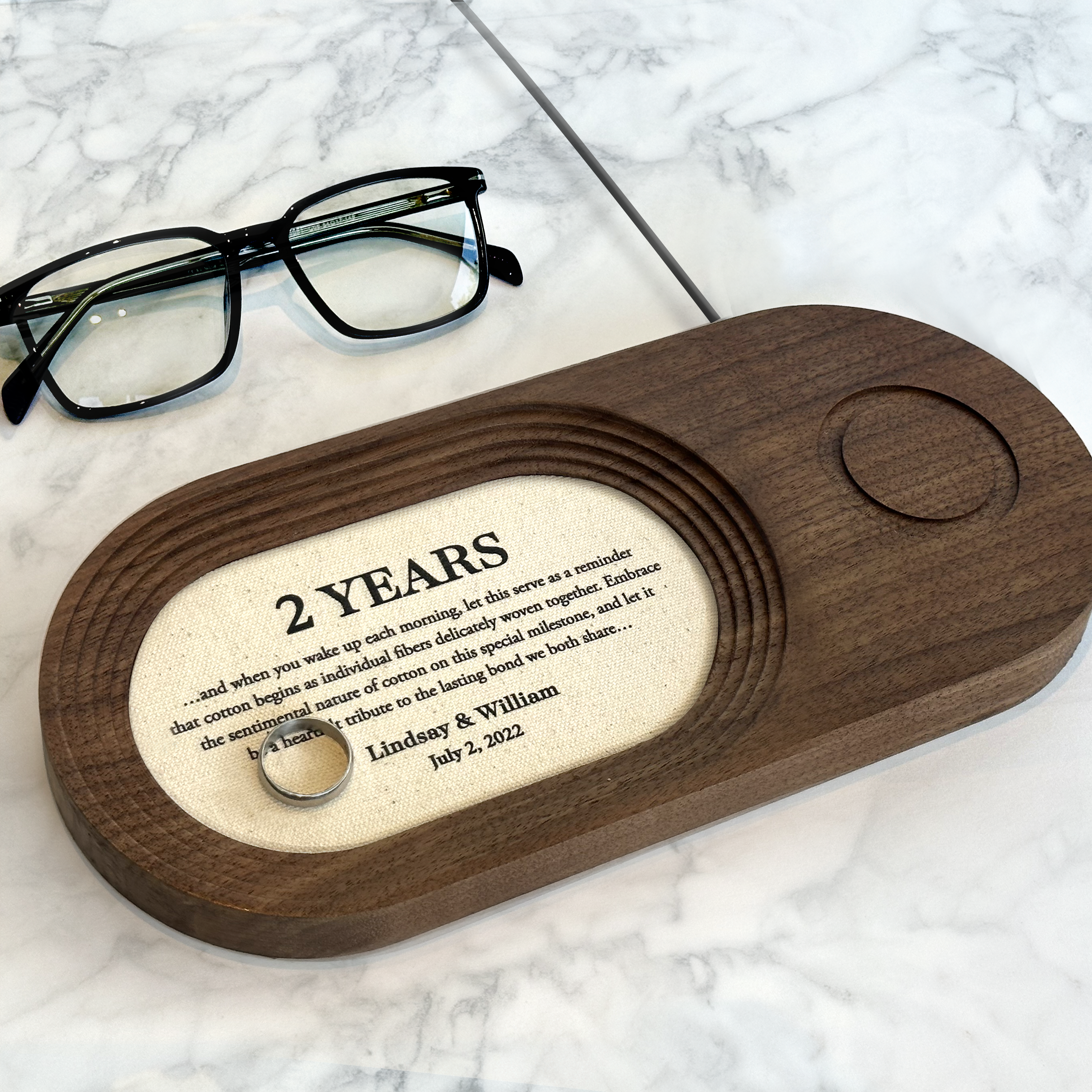 Walnut and cotton tray with wireless phone charging for 2nd Anniversary