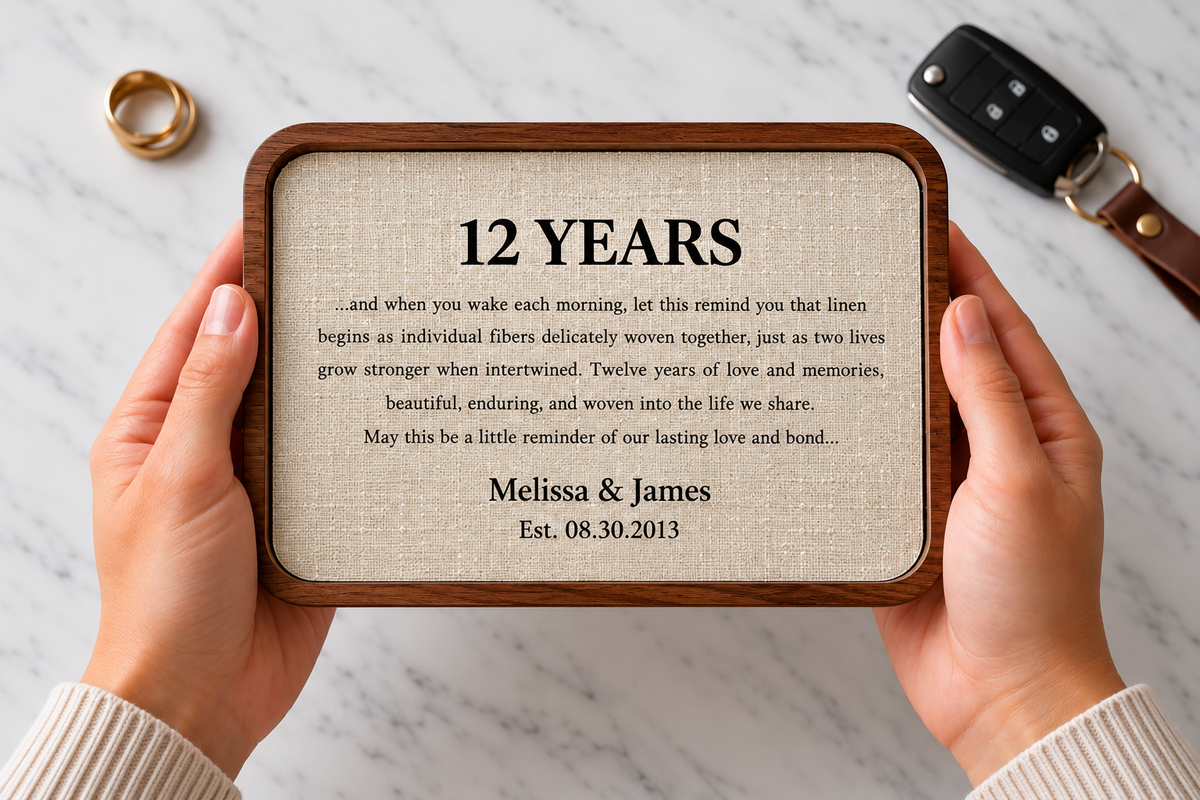 Carved Walnut Catch-All Tray with Linen Insert & Optional Wireless Charger | 12th Anniversary Gift