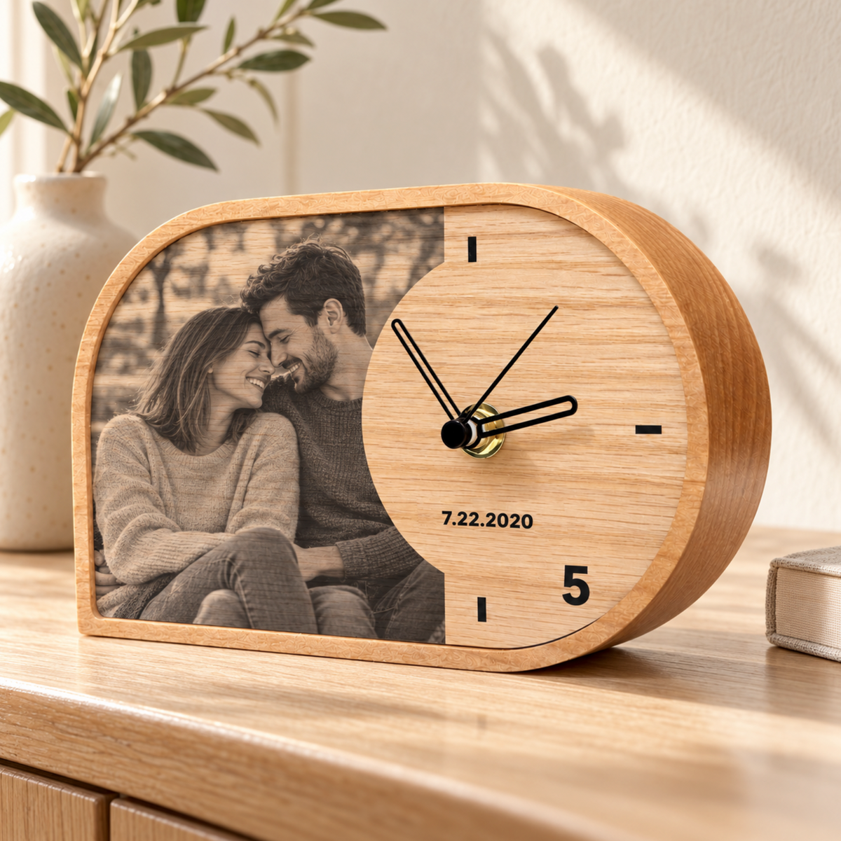 5th Year Wood Anniversary Gift - Personalized 5th Anniversary Natural Wood Desk Clock with Photo