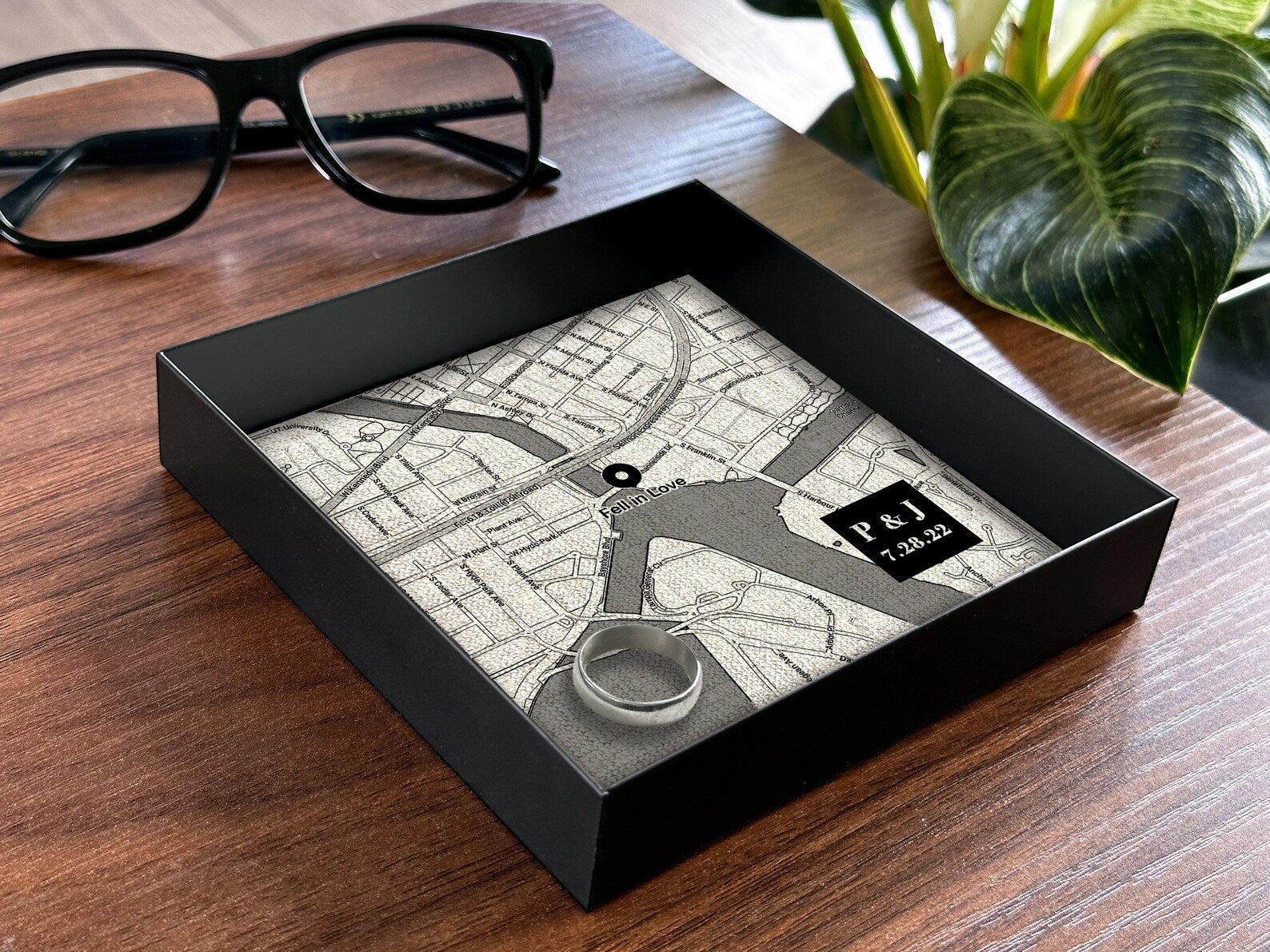 Personalized Linen Map Tray - 12th Anniversary Gift for Him & Her