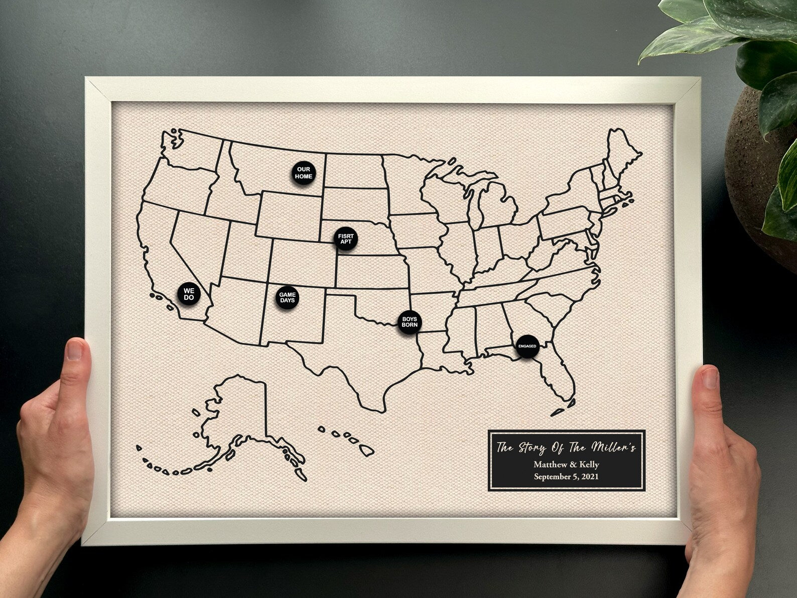 Personalized Cotton Push Pin Map - 2nd Anniversary Gift for Him & Her