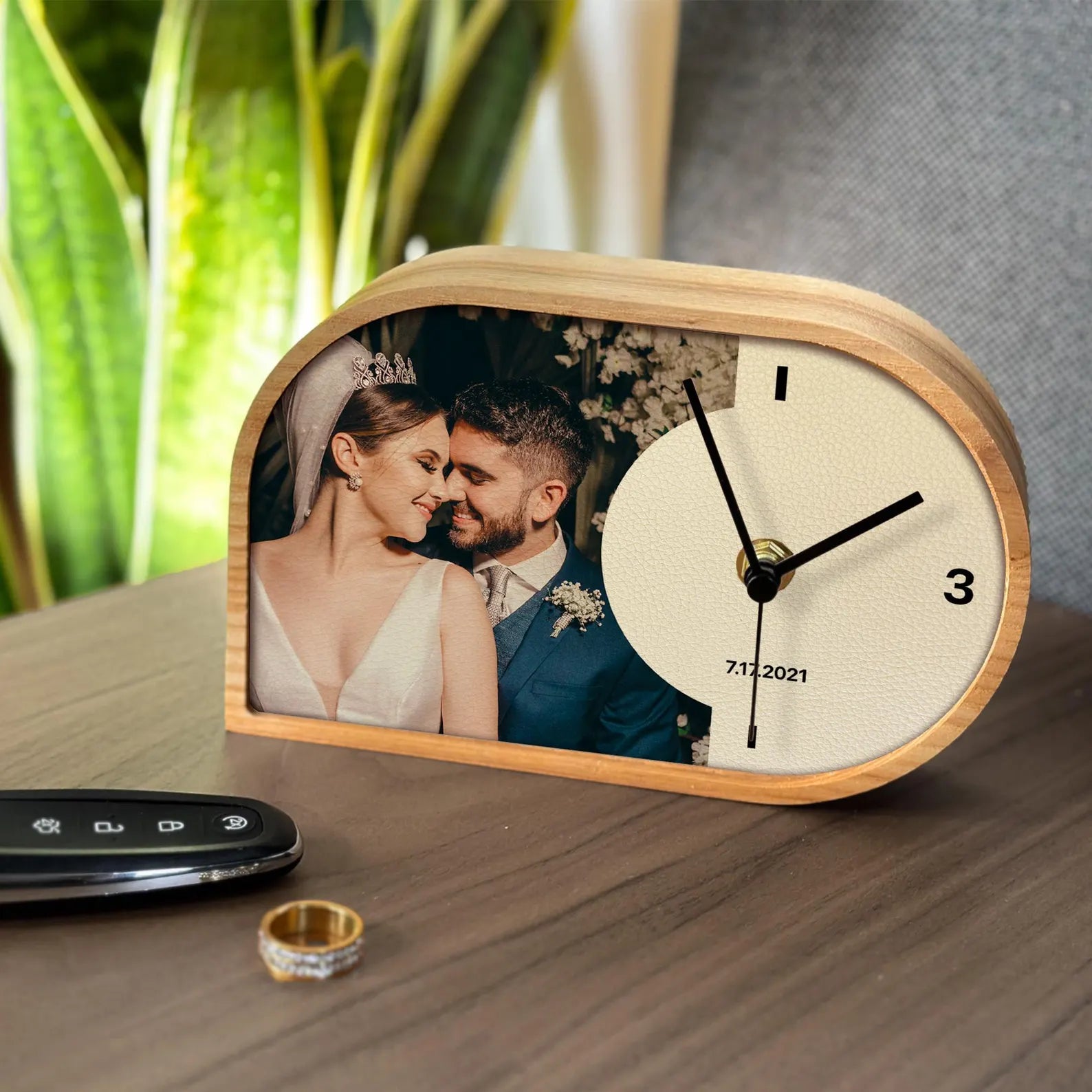 Personalized Leather Desk Clock - 3rd Anniversary Gift for Him & Her - Leather Photo Clock for Bedside, Office & Living Room