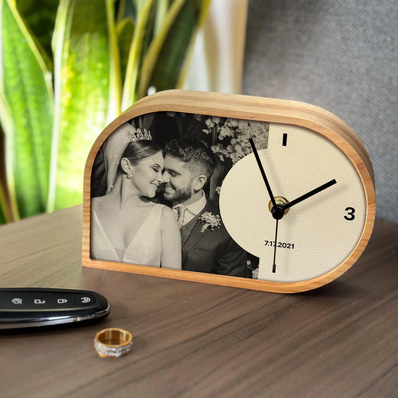 Personalized Leather Desk Clock - 3rd Anniversary Gift for Him & Her - Leather Photo Clock for Bedside, Office & Living Room