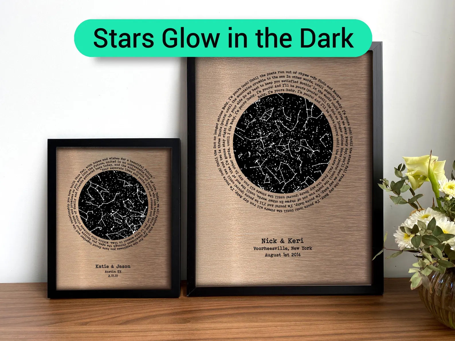 Personalized Bronze Star Map - 8th Anniversary Gift for Him & Her - Glow in the Dark Wall Art