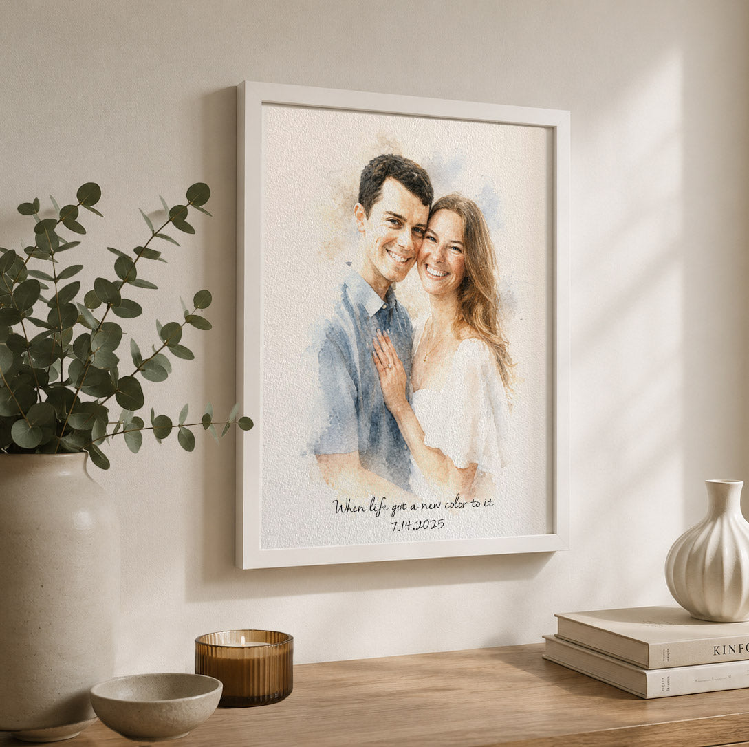 Personalized Watercolor Photo Print - 1st Anniversary Gift for Him & Her - Custom Paper Anniversary Portrait