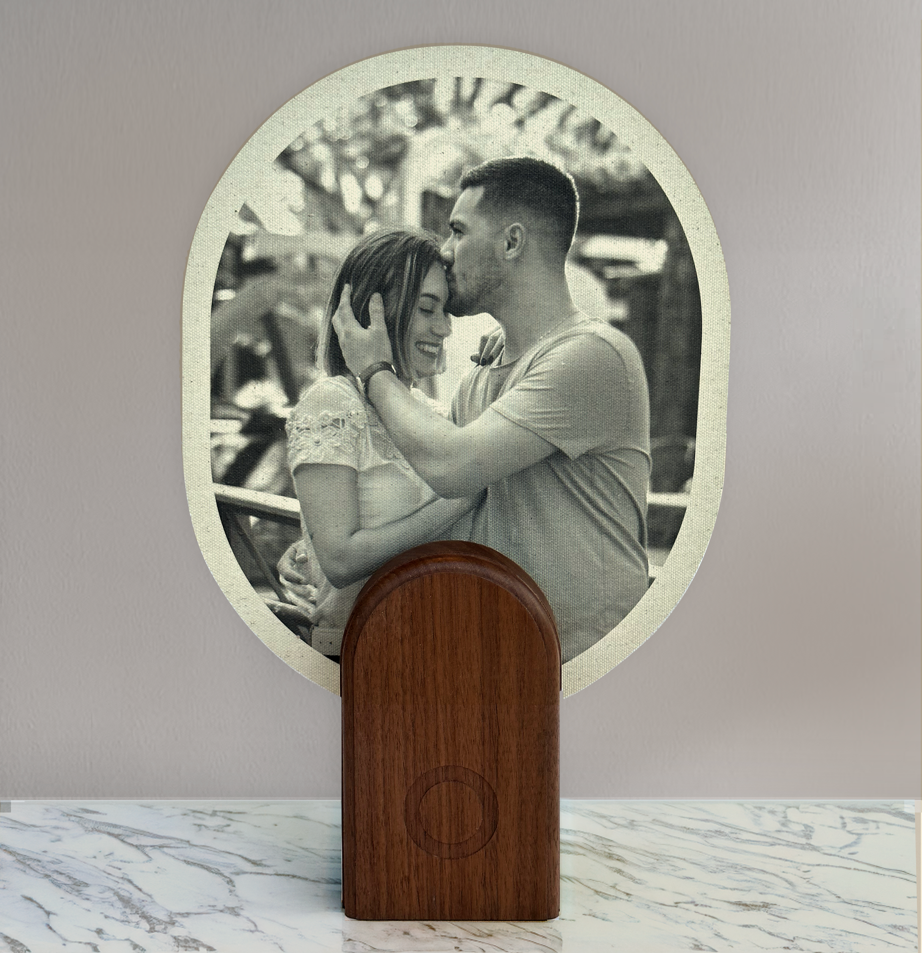 black and white photo print on a light stand