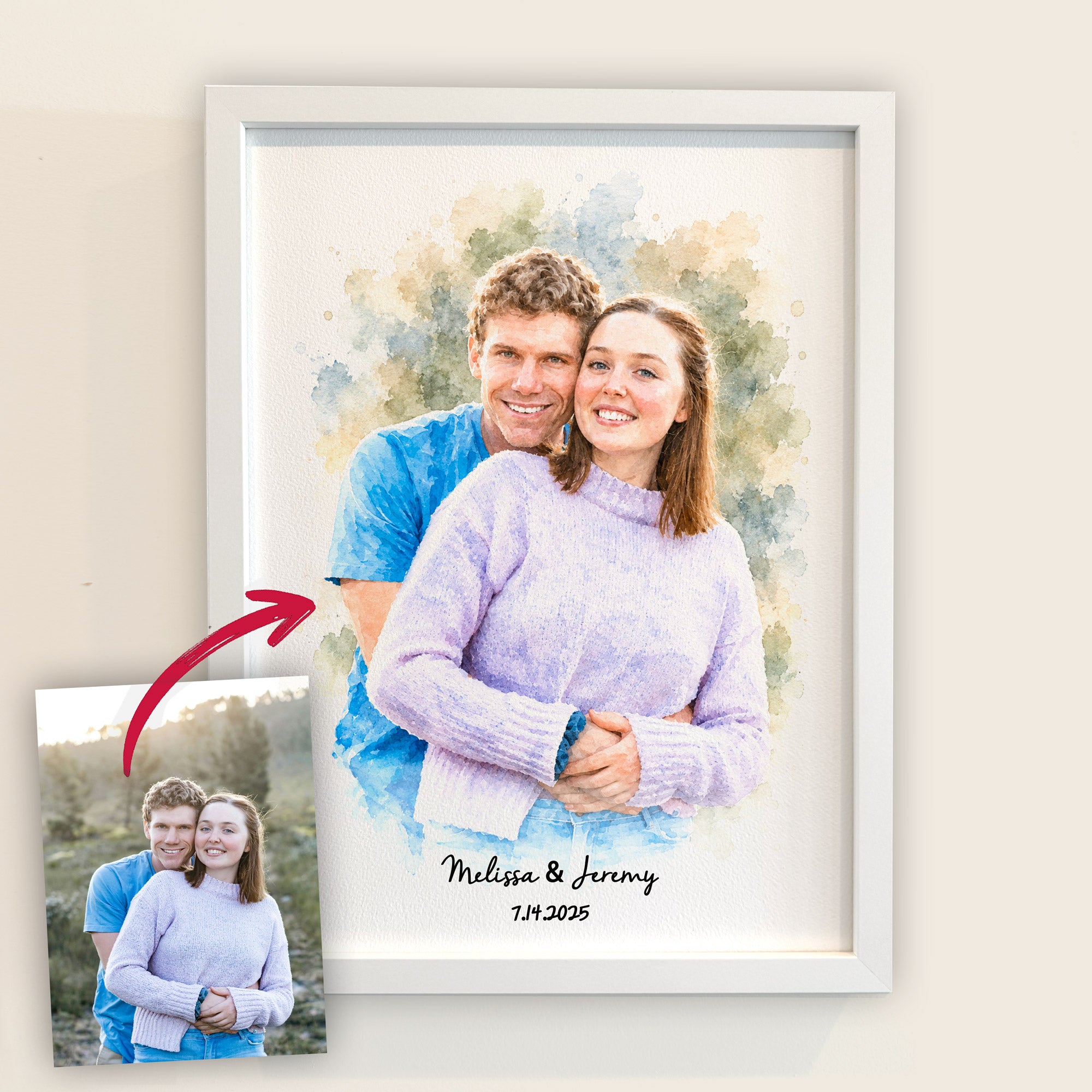 Personalized Watercolor Photo Print - 1st Anniversary Gift for Him & Her - Custom Paper Anniversary Portrait