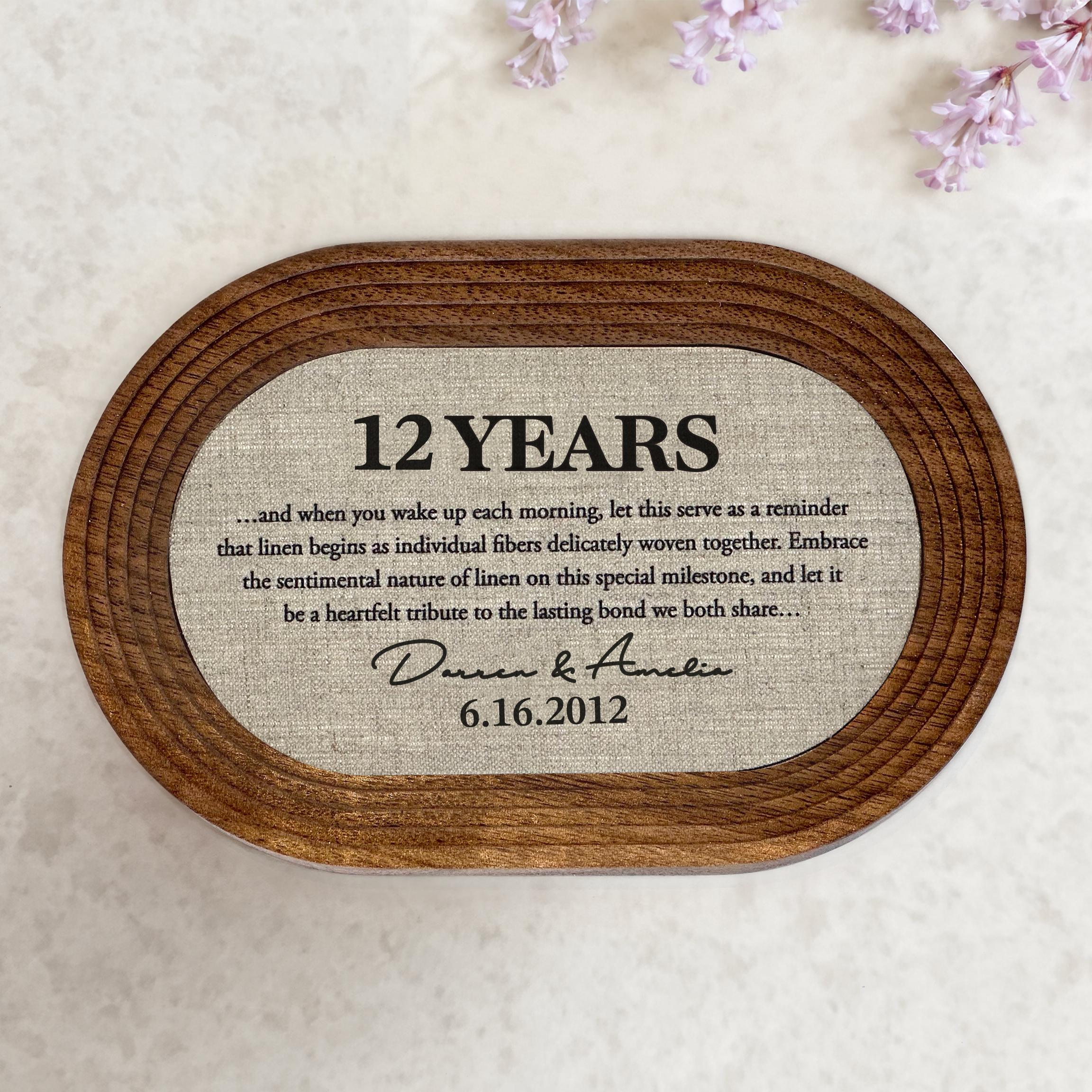 Customizable catchall tray with linen for 12 year anniversary celebration
