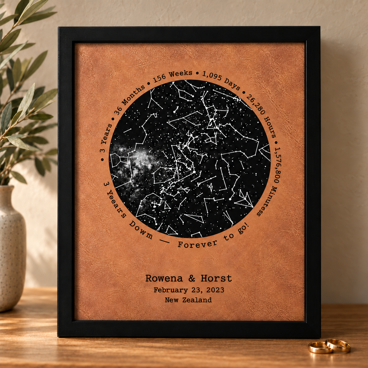Personalized Glow-in-the-Dark Star Map - 3rd Anniversary Gift for Him & Her | Leather Wall Art