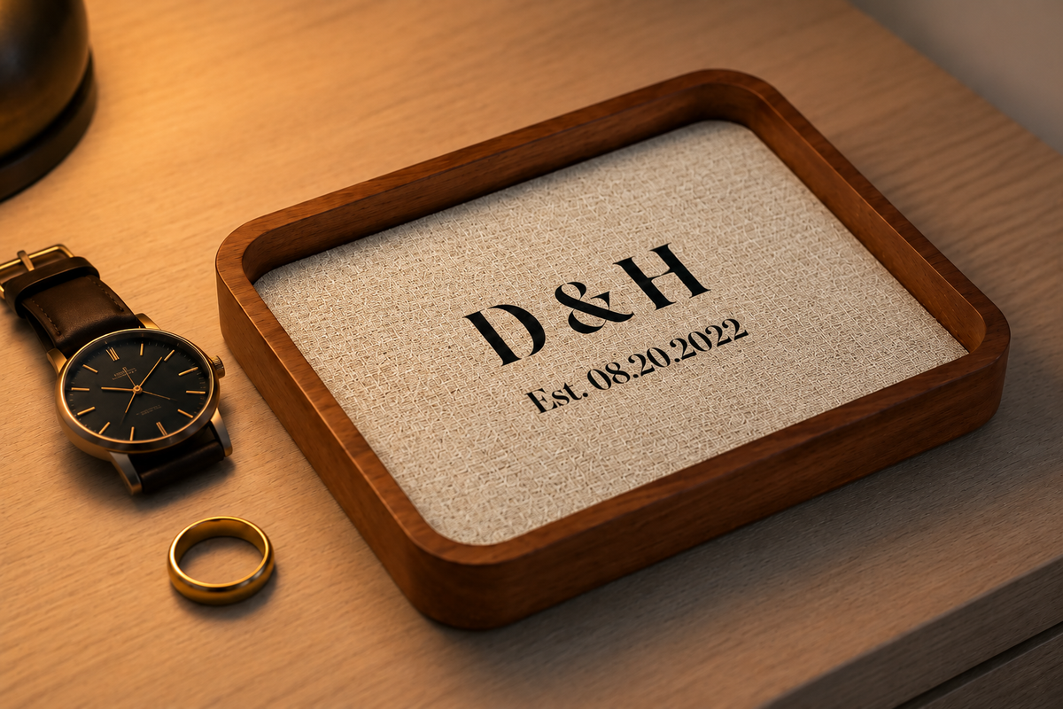 Carved Walnut Catch-All Tray with Linen Insert & Optional Wireless Charger | 12th Anniversary Gift