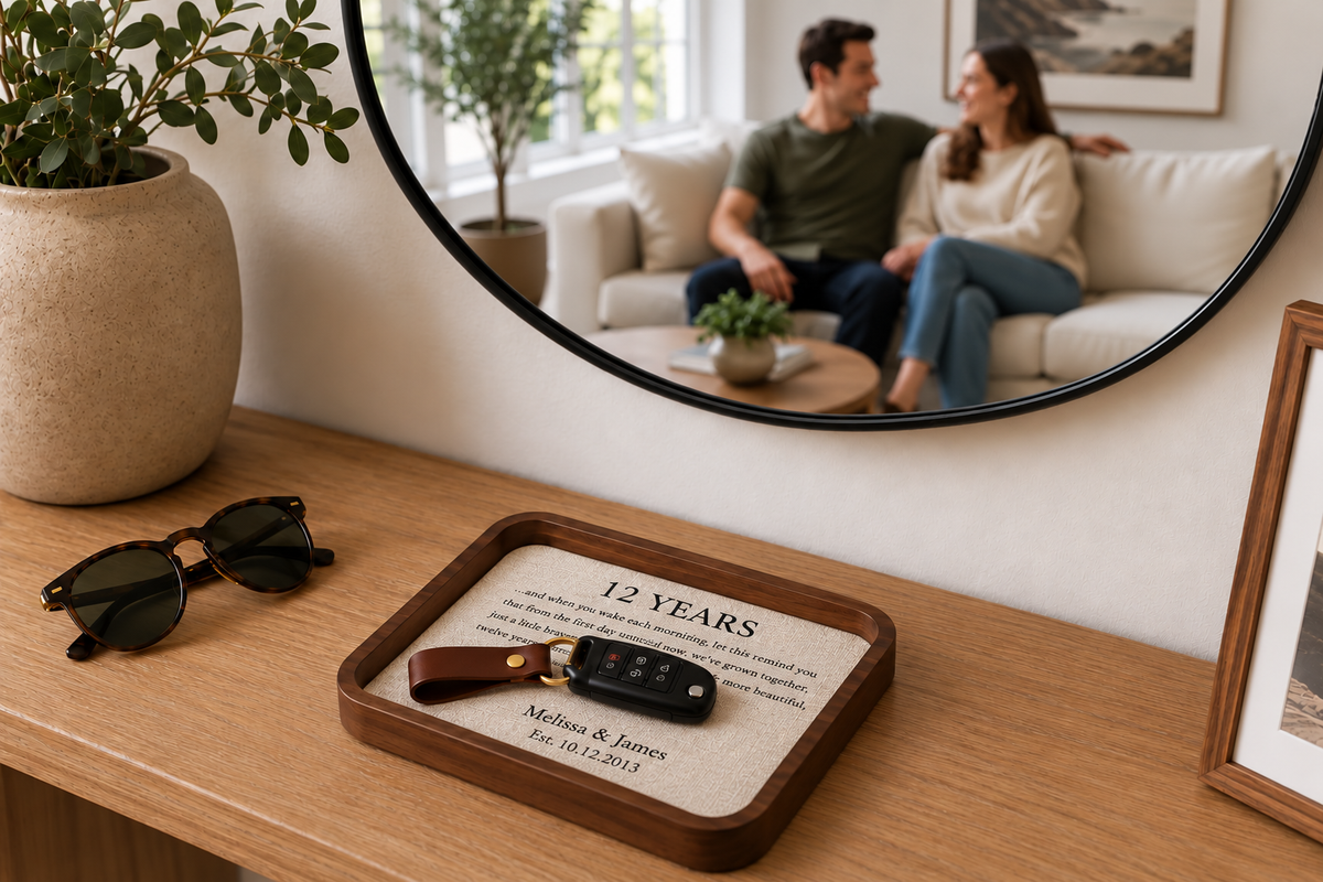 Carved Walnut Catch-All Tray with Linen Insert & Optional Wireless Charger | 12th Anniversary Gift