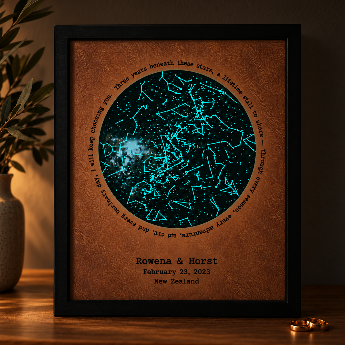 Personalized Glow-in-the-Dark Star Map - 3rd Anniversary Gift for Him & Her | Leather Wall Art