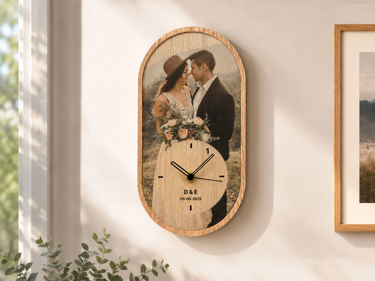 Personalized Oak Photo Wall Clock | 5th Anniversary Wood Gift