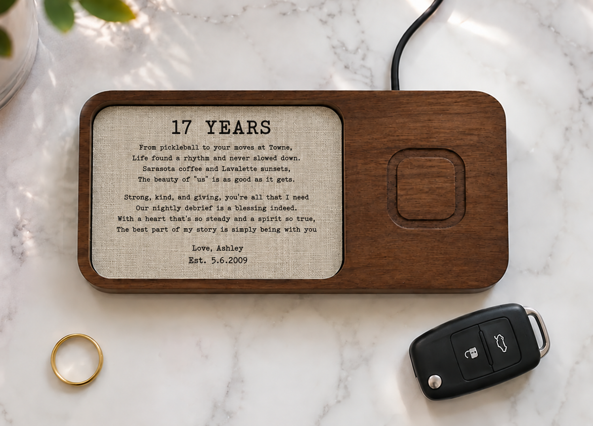 Handmade Walnut Catch-All Tray with Optional Wireless Charger | Personalized 17th Anniversary Gift
