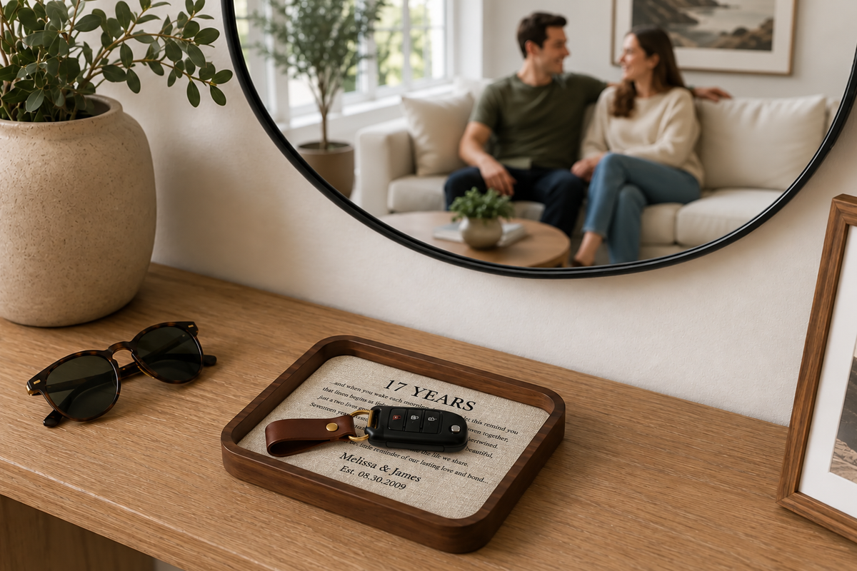 Handmade Walnut Catch-All Tray with Optional Wireless Charger | Personalized 17th Anniversary Gift