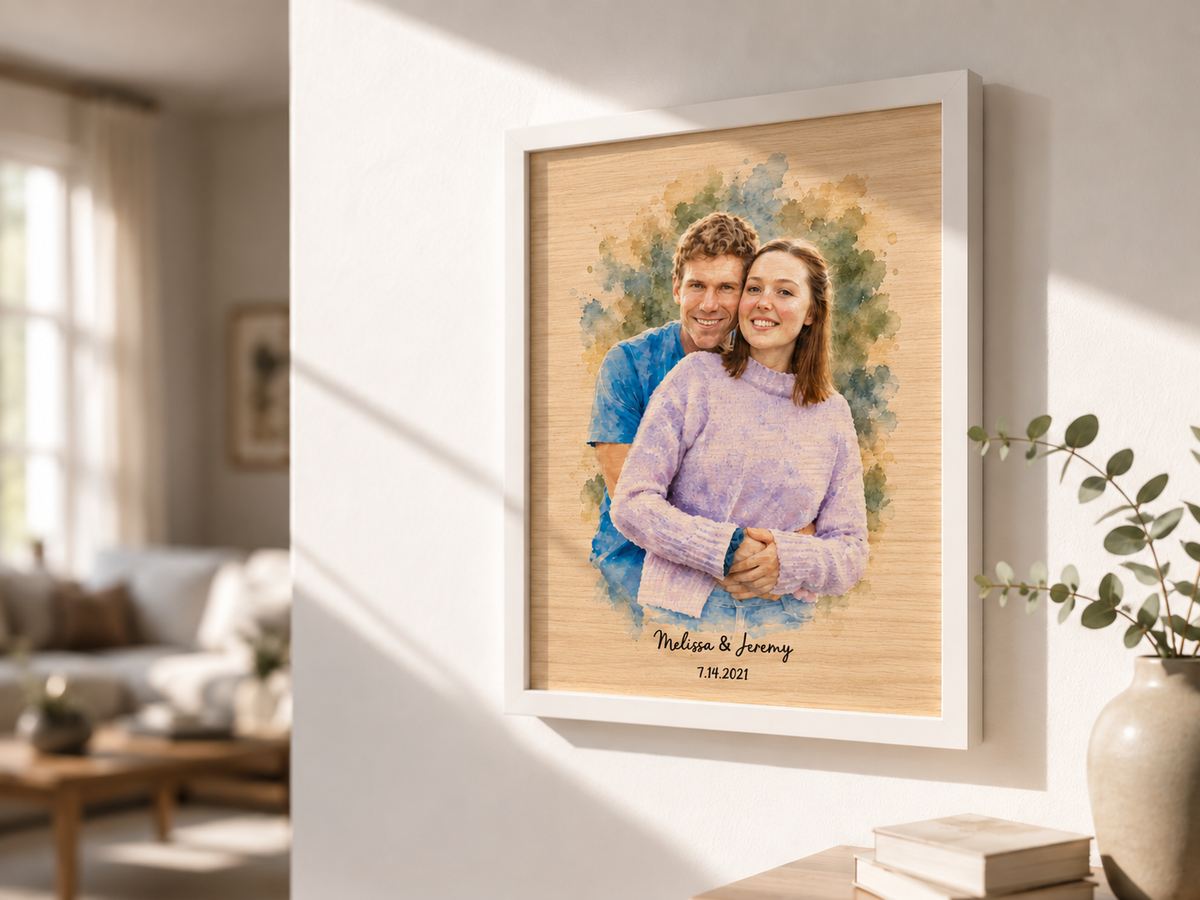 Personalized Watercolor Photo on Wood - 5th Anniversary Gift for Him & Her