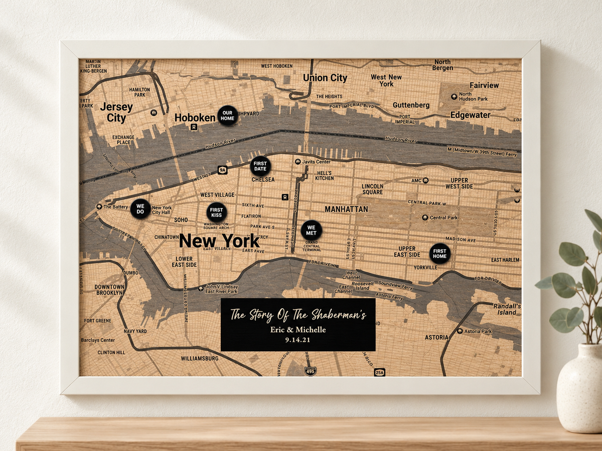 Wood Map Wall Art with Pins - 5th Anniversary Gift for Him - A Custom Family Story Memento