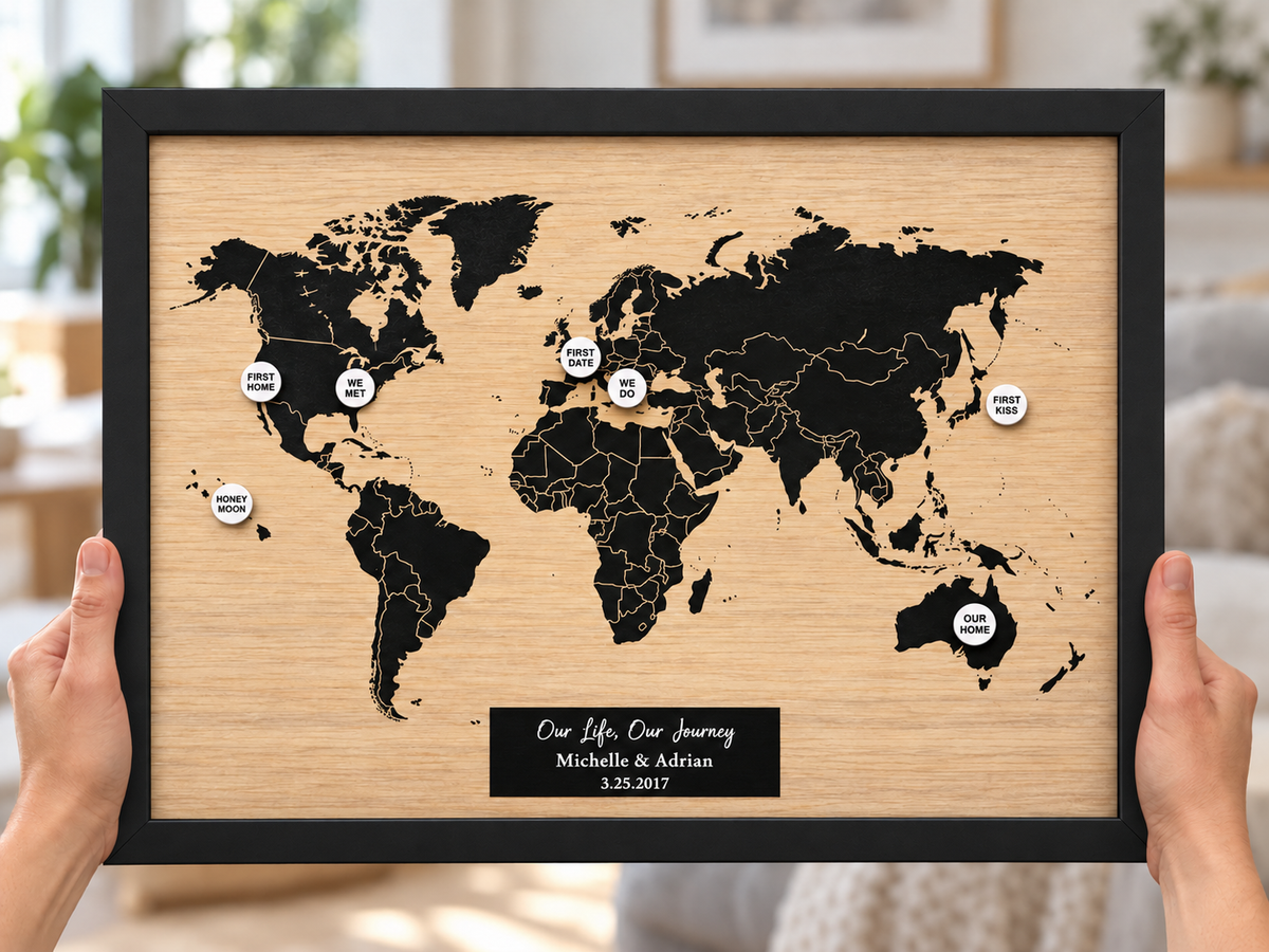 Wood Map Wall Art with Pins - 5th Anniversary Gift for Him - A Custom Family Story Memento