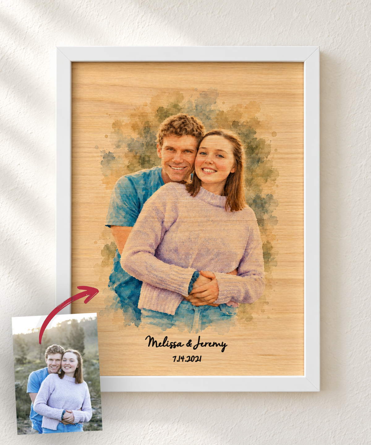 Personalized Watercolor Photo on Wood - 5th Anniversary Gift for Him & Her