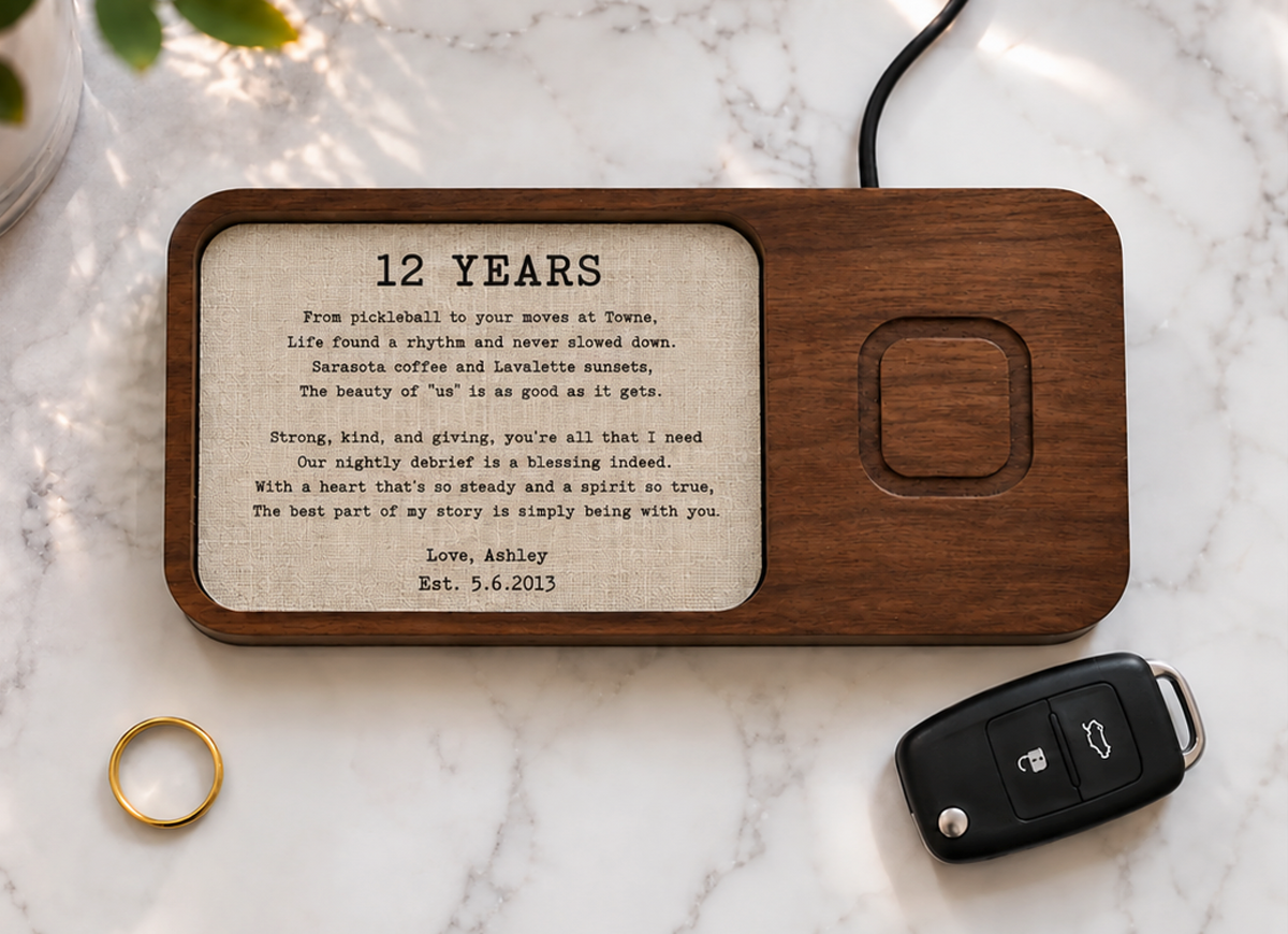 Carved Walnut Catch-All Tray with Linen Insert & Optional Wireless Charger | 12th Anniversary Gift