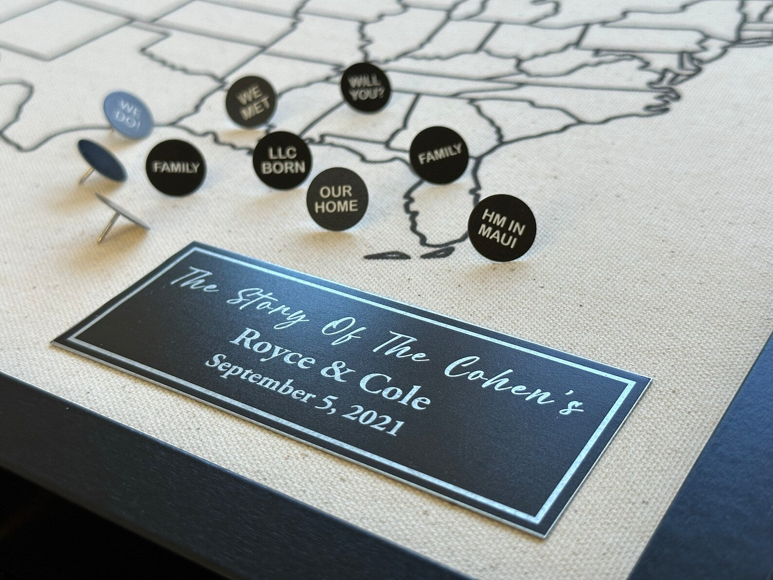 Personalized Cotton Push Pin Map - 2nd Anniversary Gift for Him & Her
