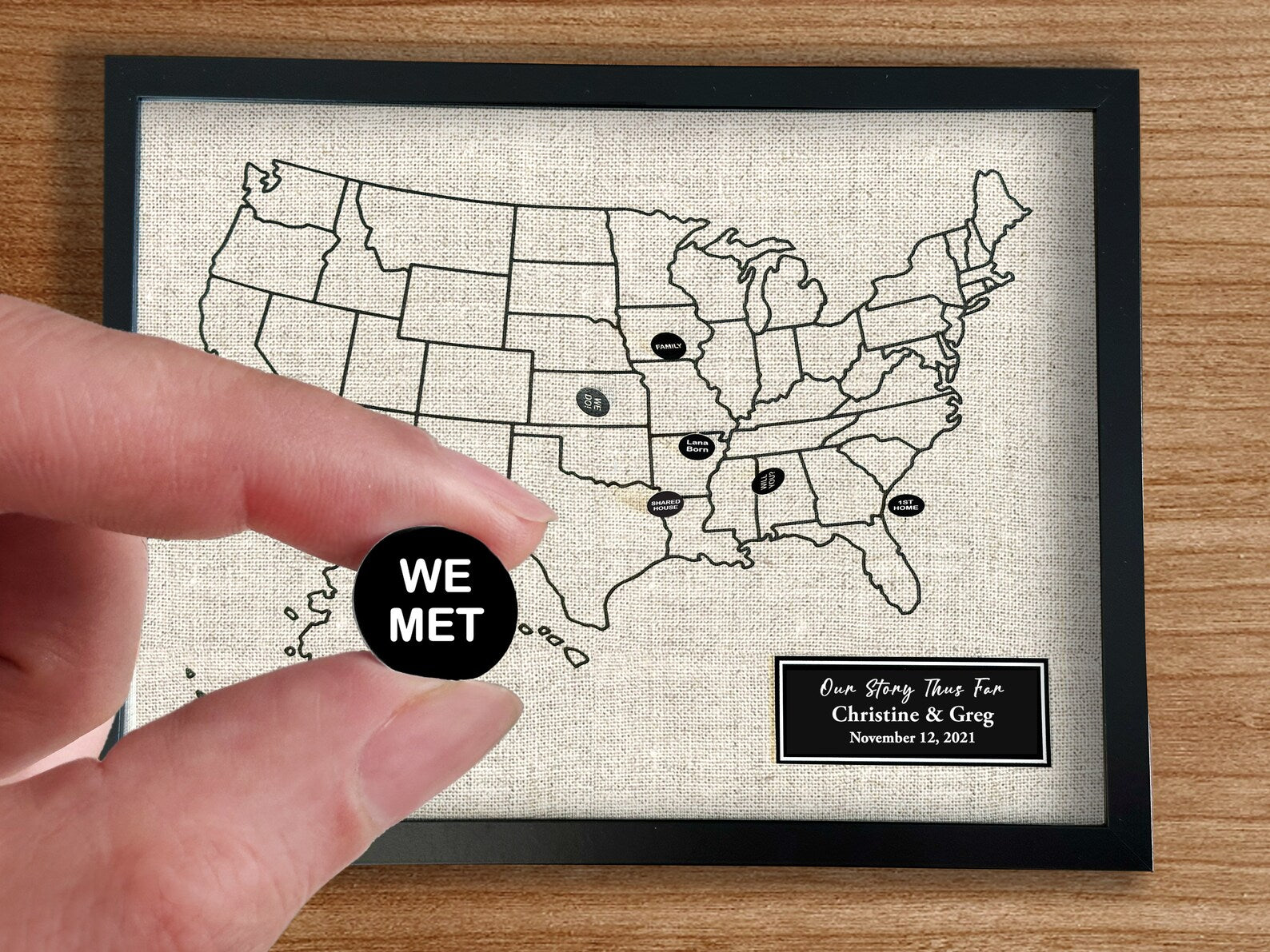 Personalized Cotton Push Pin Map - 2nd Anniversary Gift for Him & Her