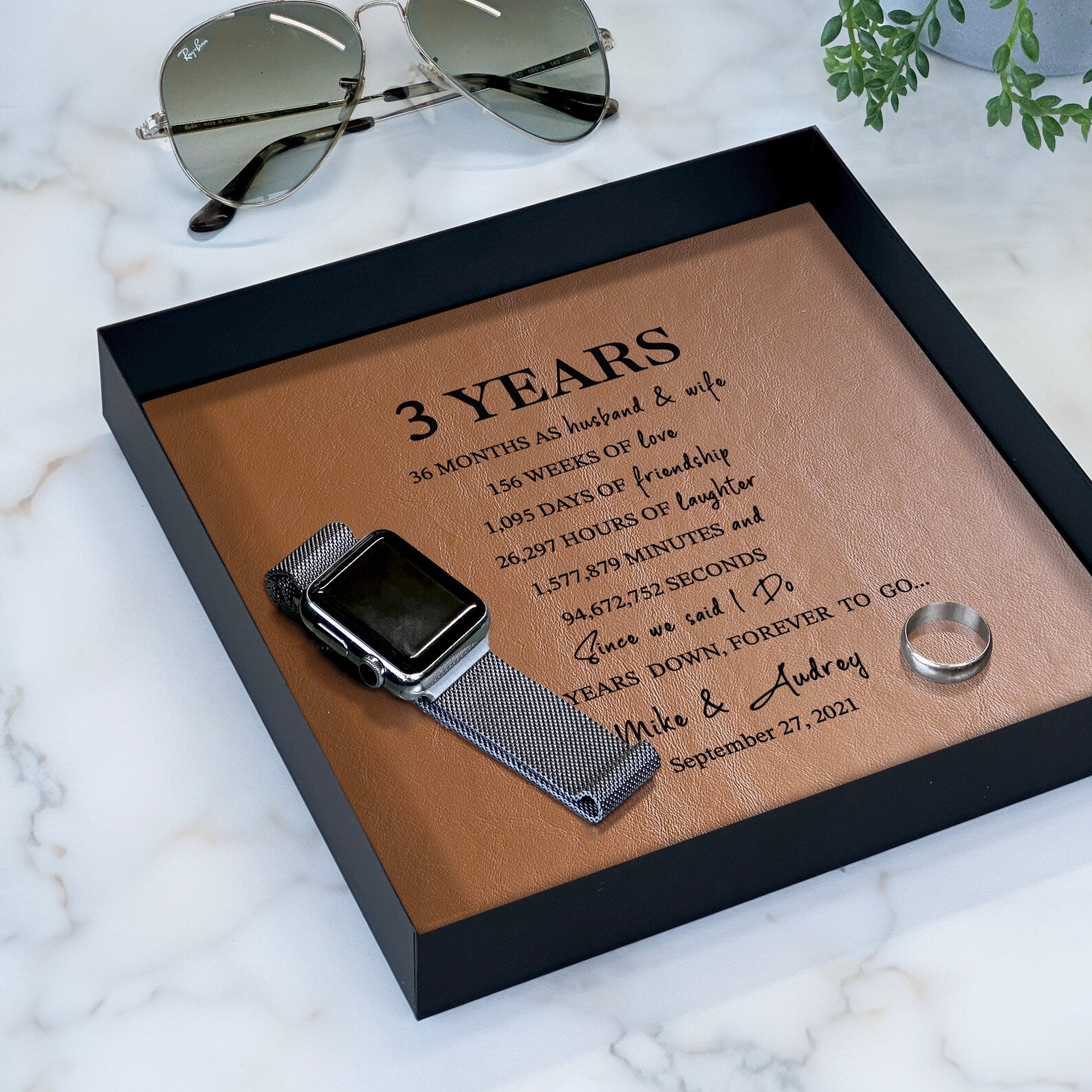 Personalized Genuine Leather Tray - 3rd Anniversary Gift for Him & Her | Custom Wording