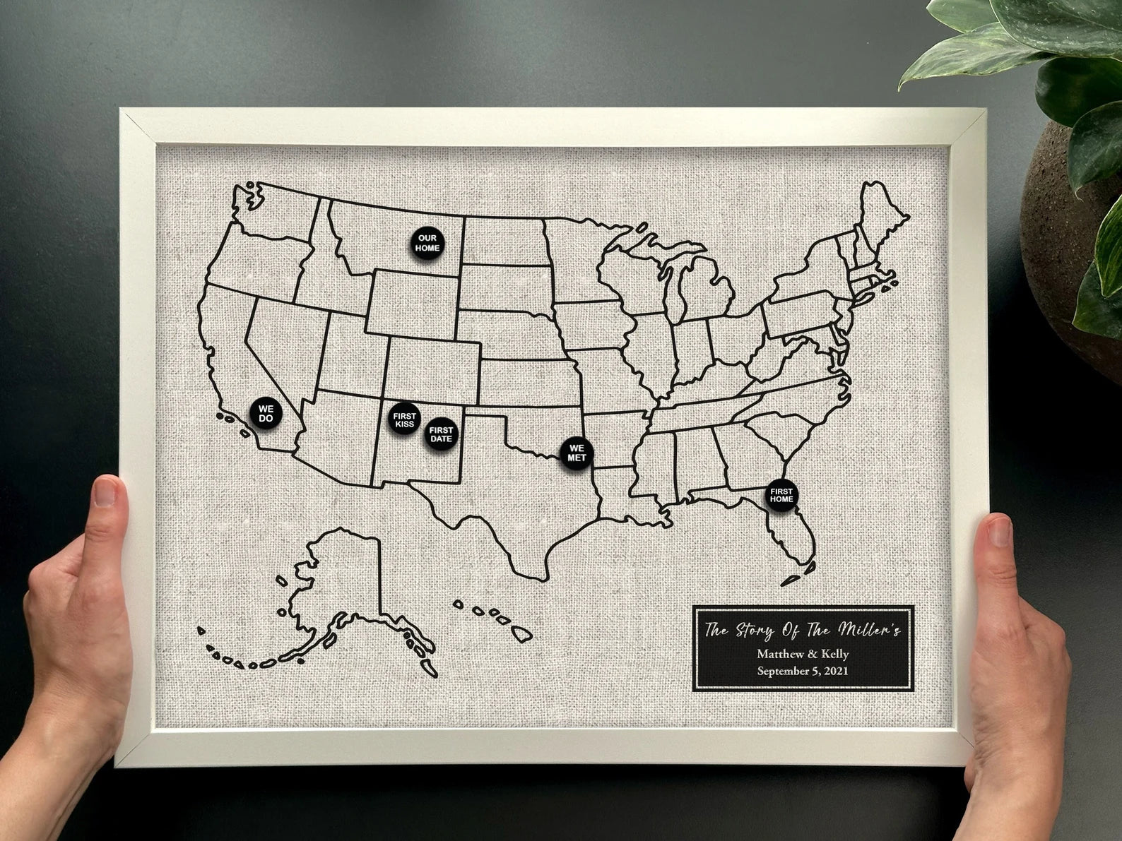 Personalized Linen Push Pin Map - 4th Anniversary Gift, Custom Travel Map with Pins for Him & Her