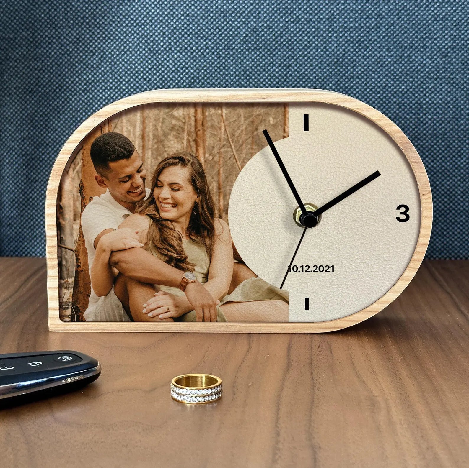 Personalized Leather Desk Clock - 3rd Anniversary Gift for Him & Her - Leather Photo Clock for Bedside, Office & Living Room