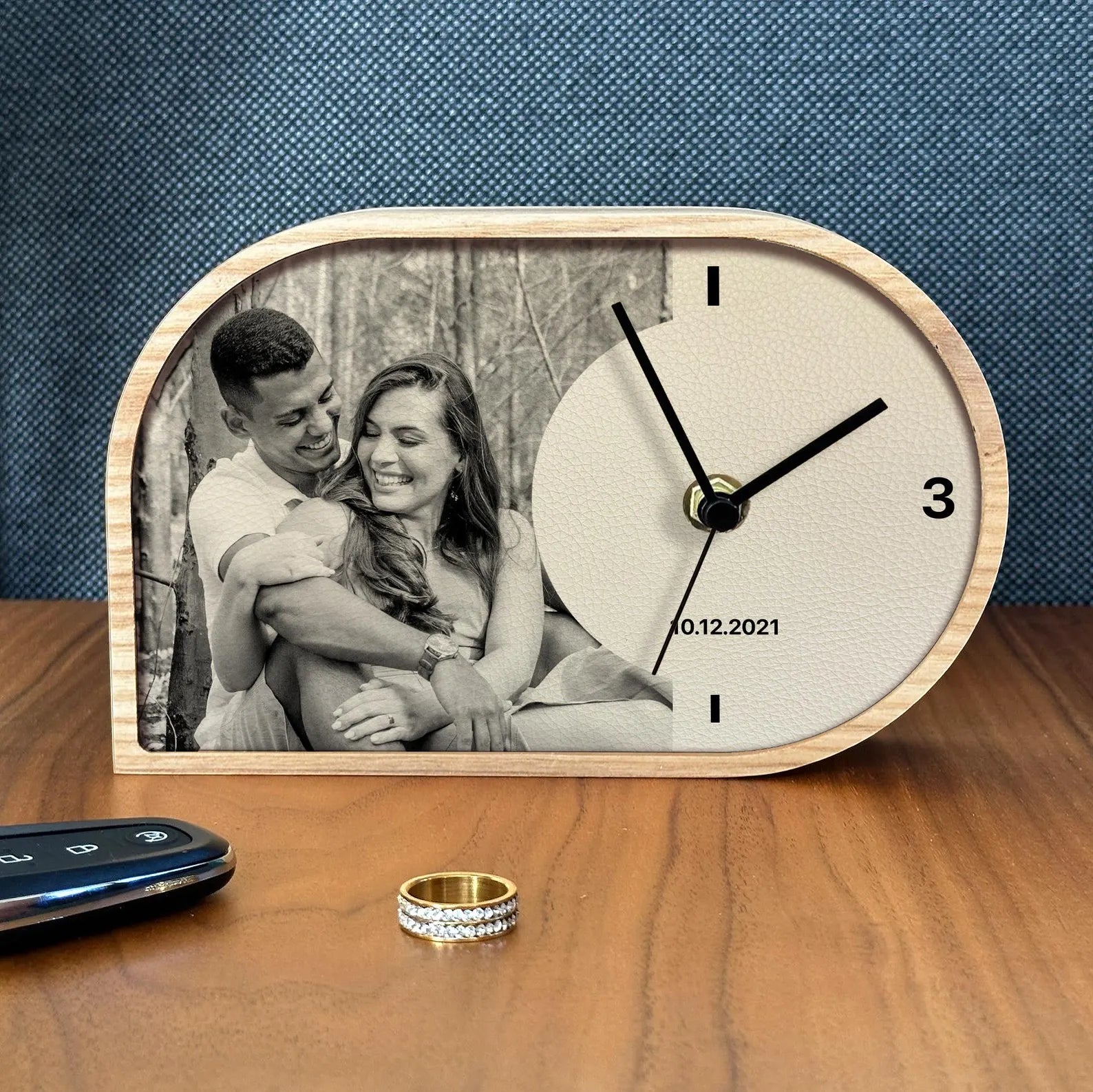 Personalized Leather Desk Clock - 3rd Anniversary Gift for Him & Her - Leather Photo Clock for Bedside, Office & Living Room