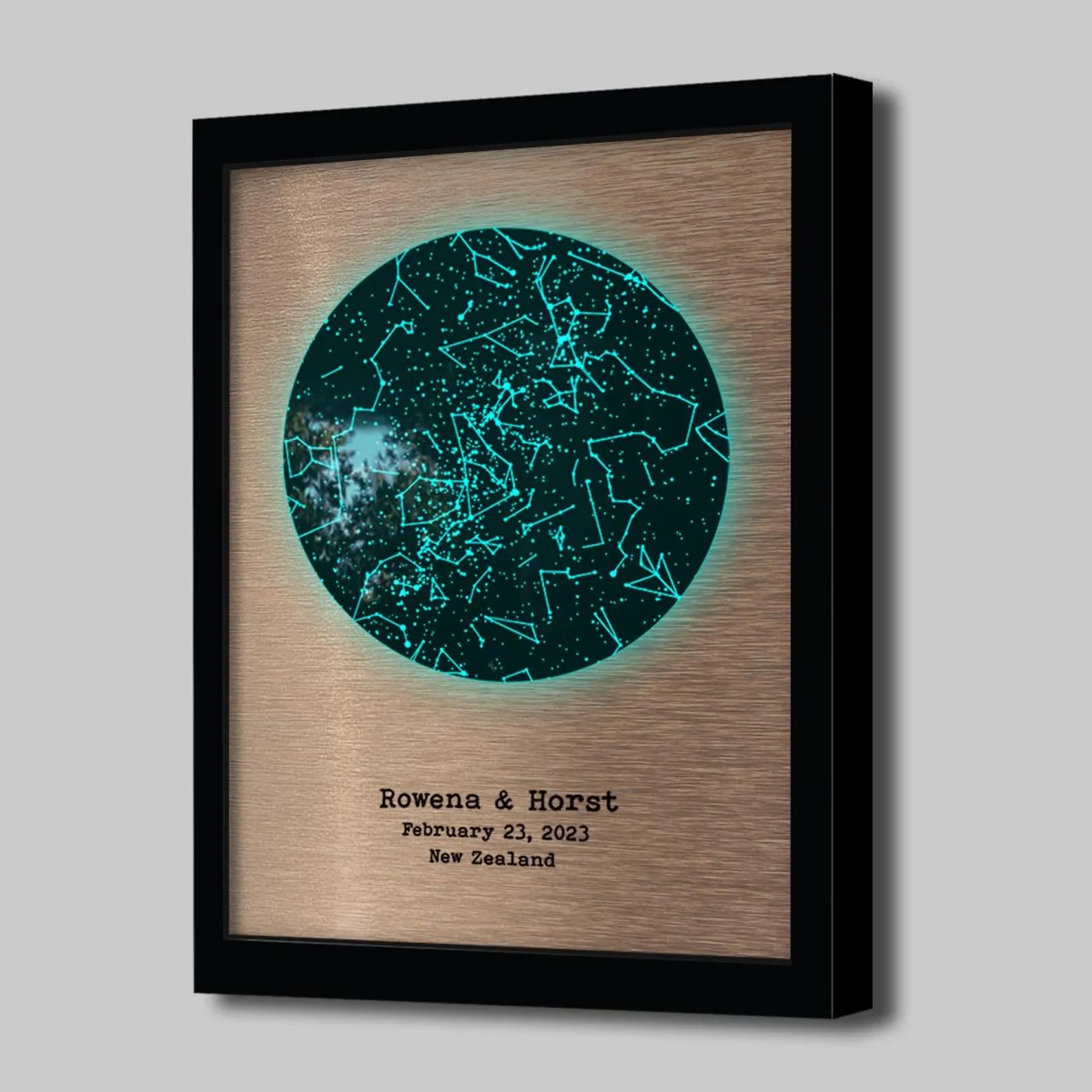Personalized Bronze Star Map - 8th Anniversary Gift for Him & Her - Glow in the Dark Wall Art