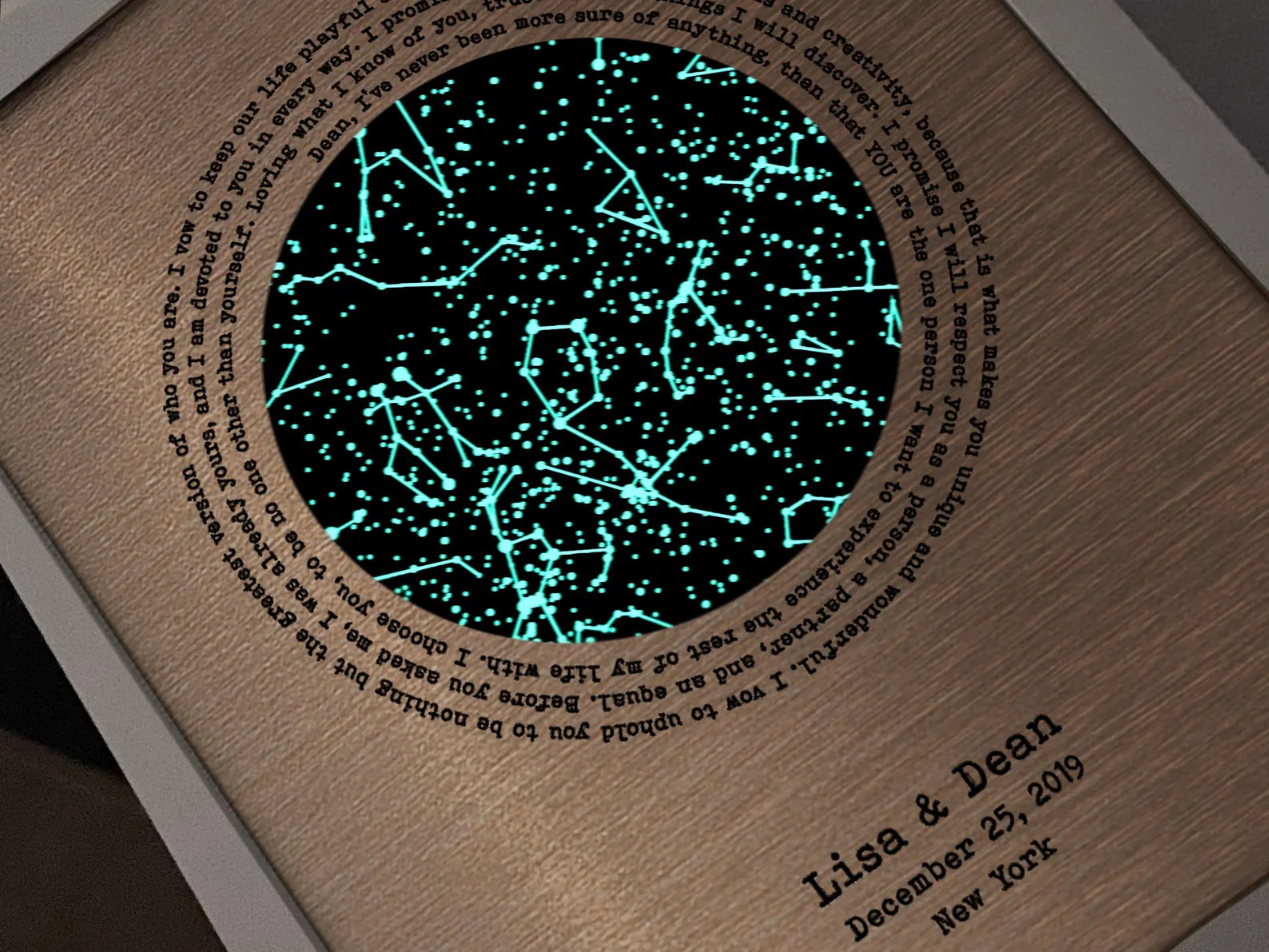 Personalized Bronze Star Map - 8th Anniversary Gift for Him & Her - Glow in the Dark Wall Art