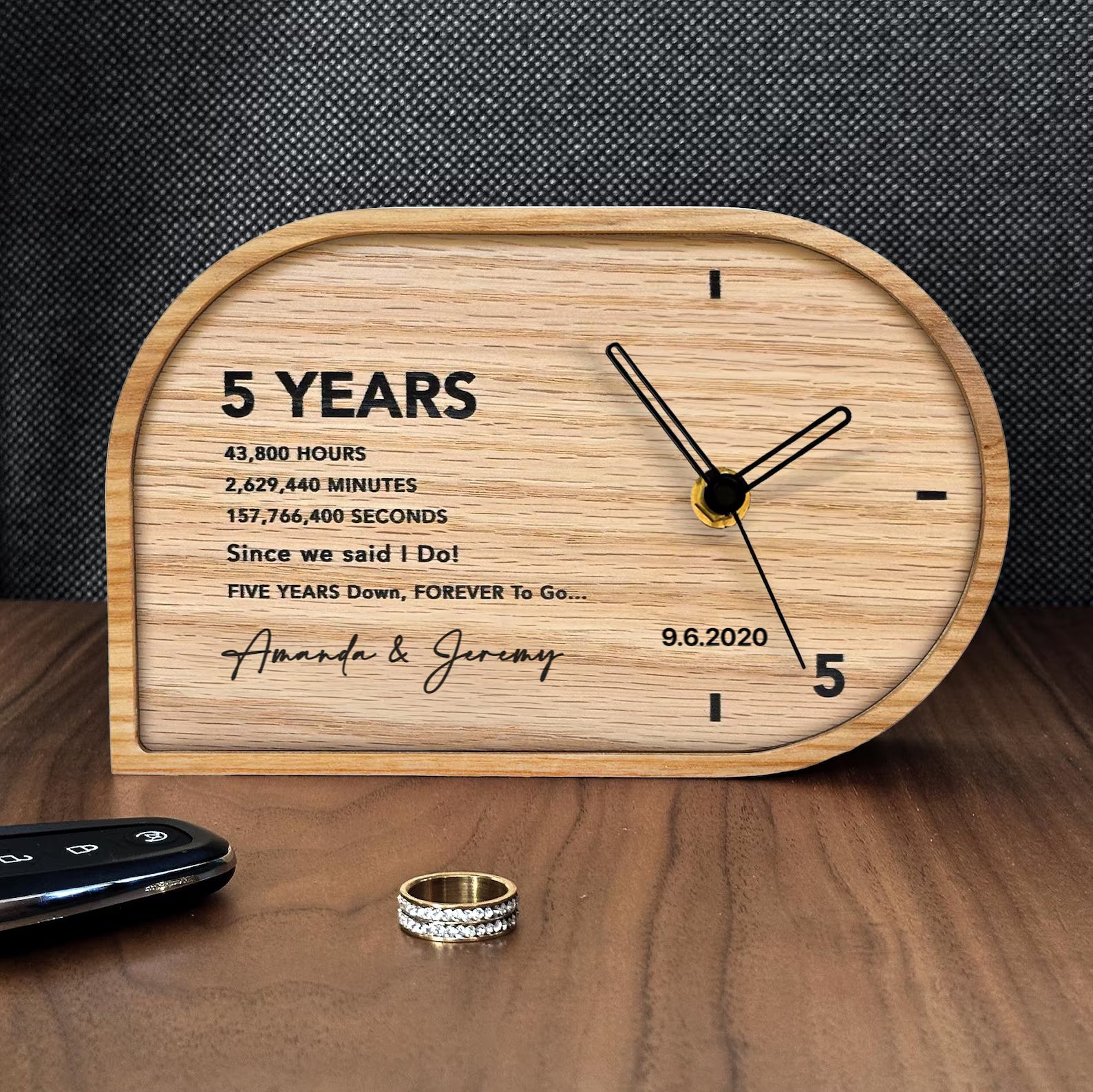 Wood Anniversary Gift - Personalized 5th Anniversary Natural Wood Desk Clock - 5 Year Wedding Anniversary Gift for Him & Her
