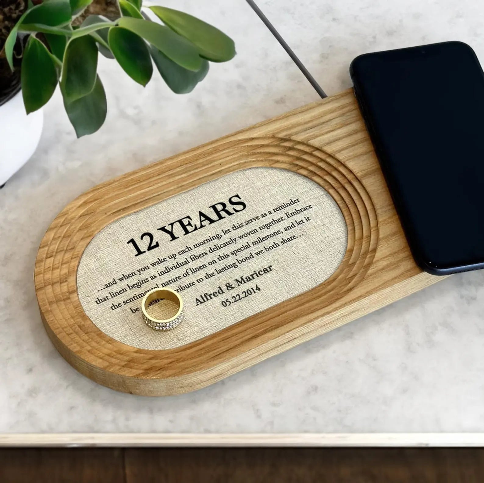 Personalized Linen Charging Tray - 12th Anniversary Gift for Him & Her | Optional Wireless Charger