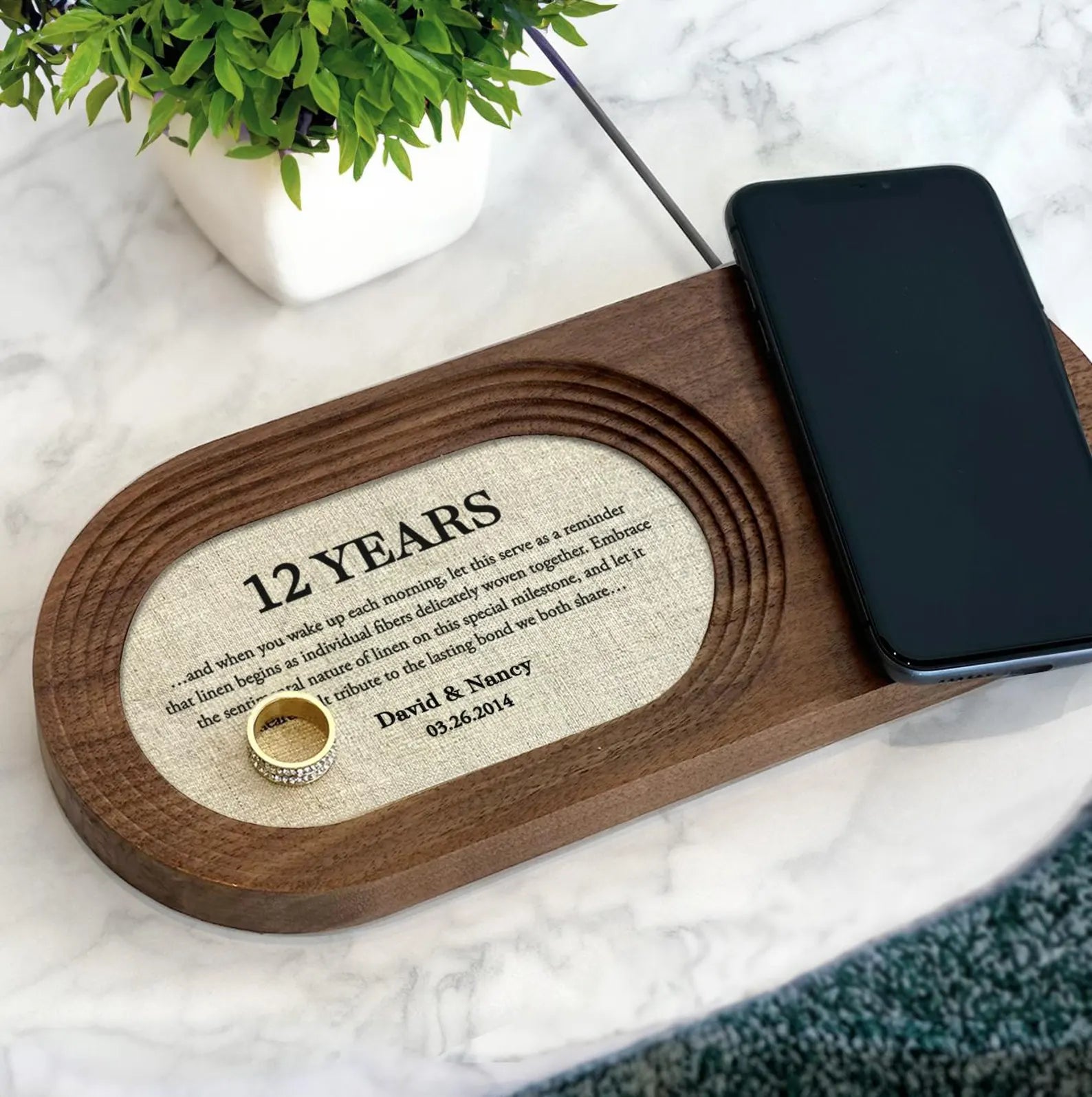 Personalized Linen Charging Tray - 12th Anniversary Gift for Him & Her | Optional Wireless Charger